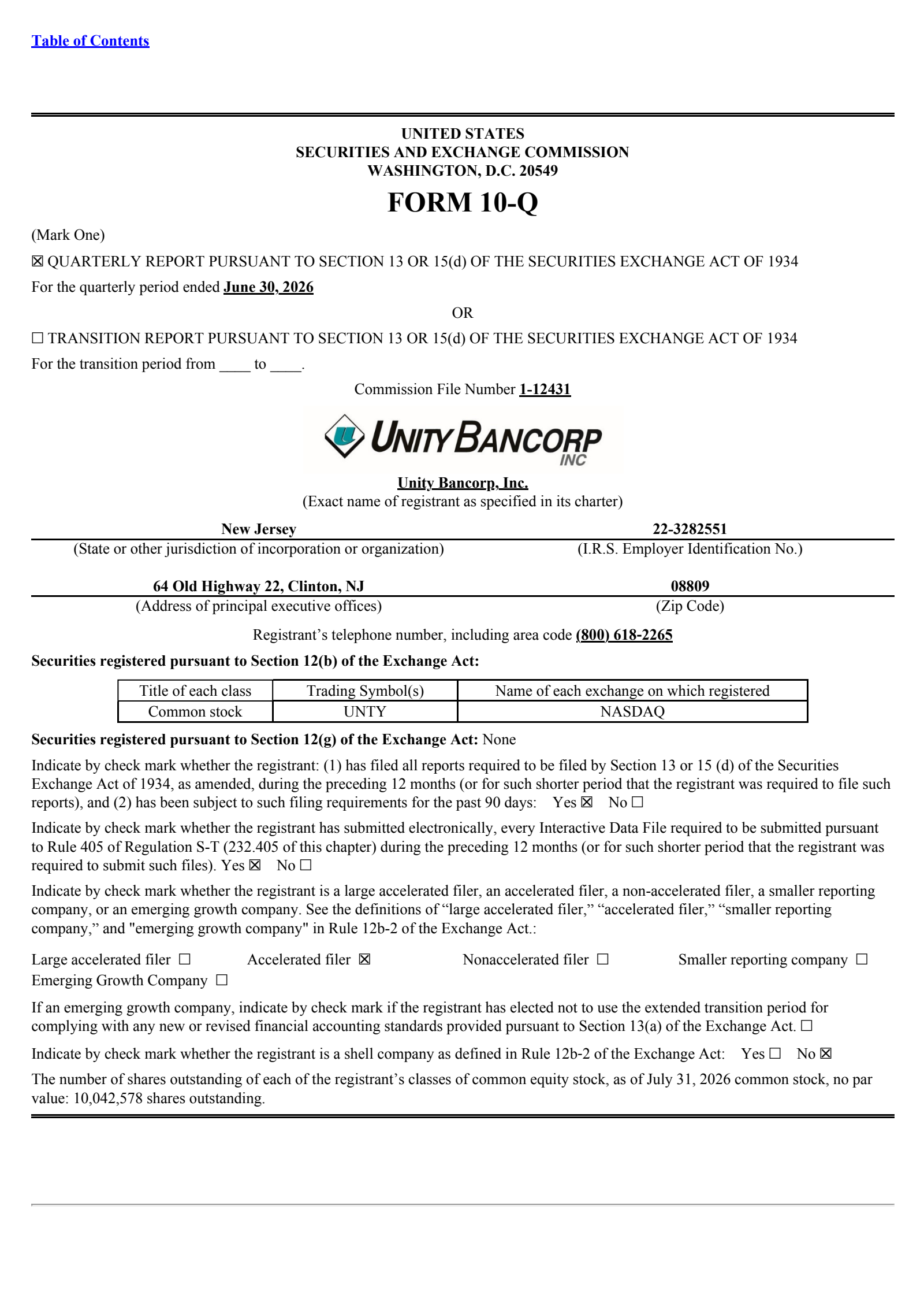Unity Bancorp's Q2 2026 Quarterly report