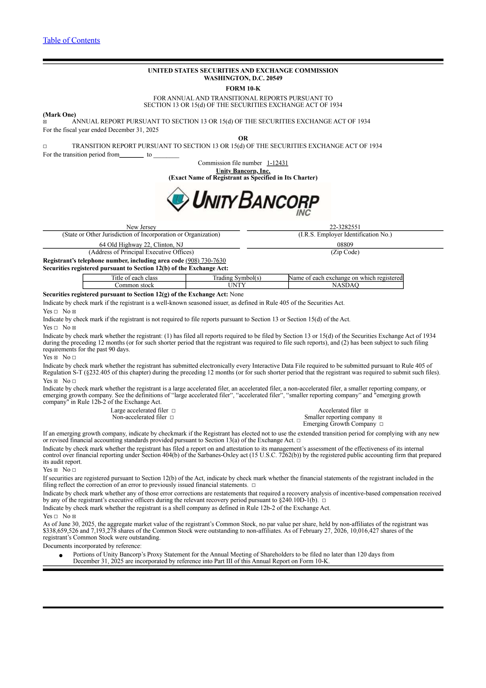 Unity Bancorp's Q4 2025 Annual report