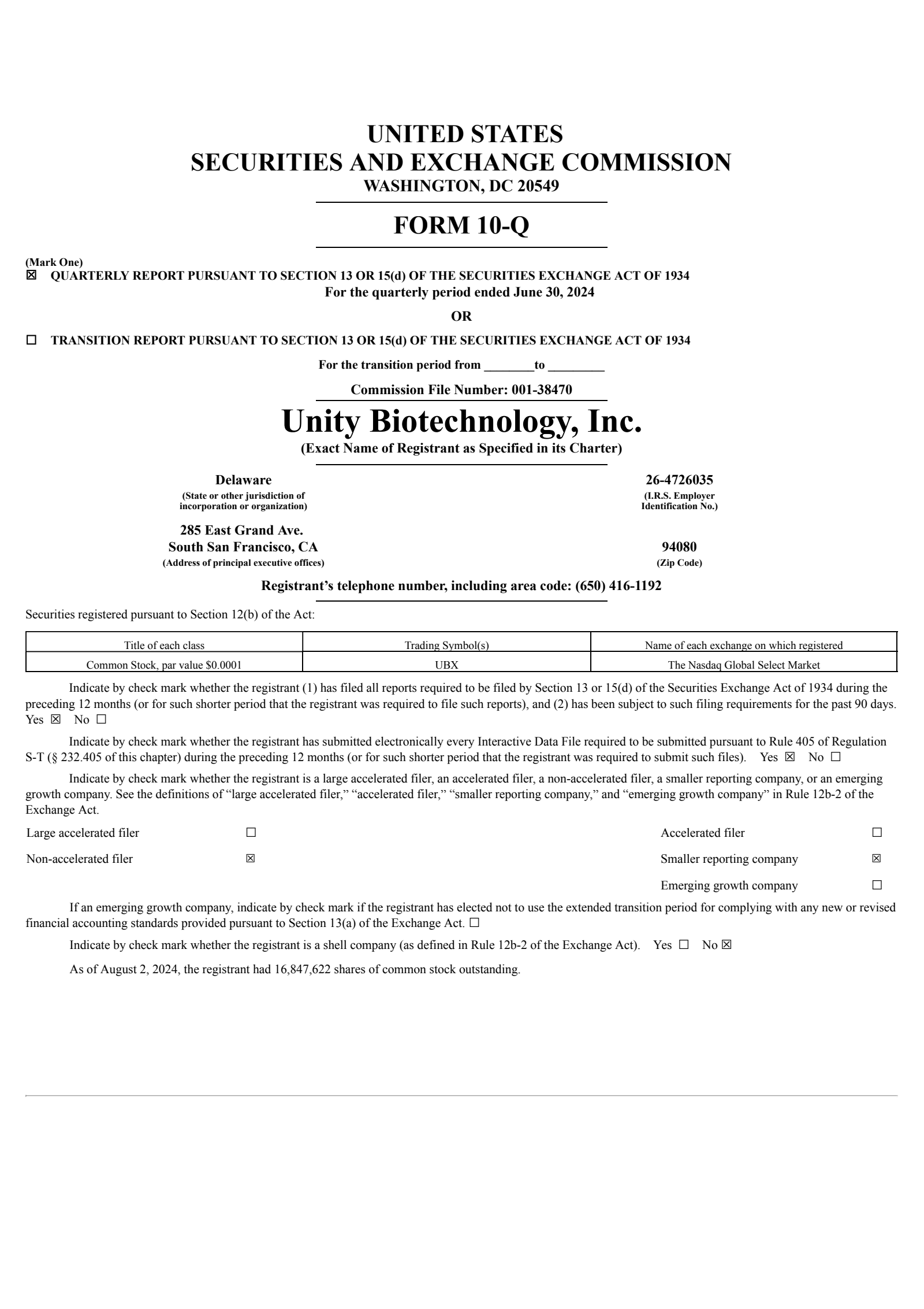 UNITY Biotechnology's Q2 2024 Quarterly Report