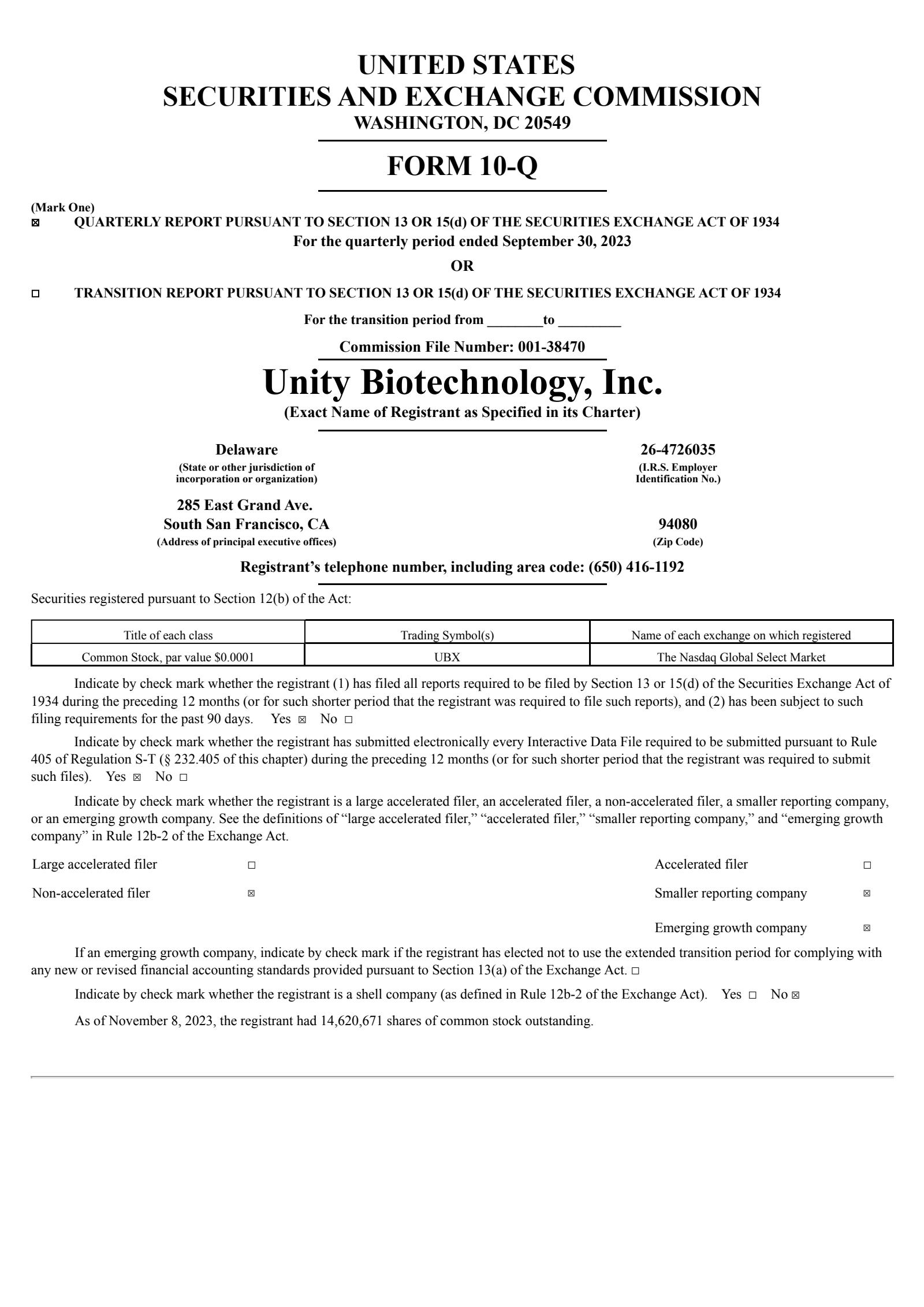 Unity Biotechnology's Q3 2023 Quarterly report
