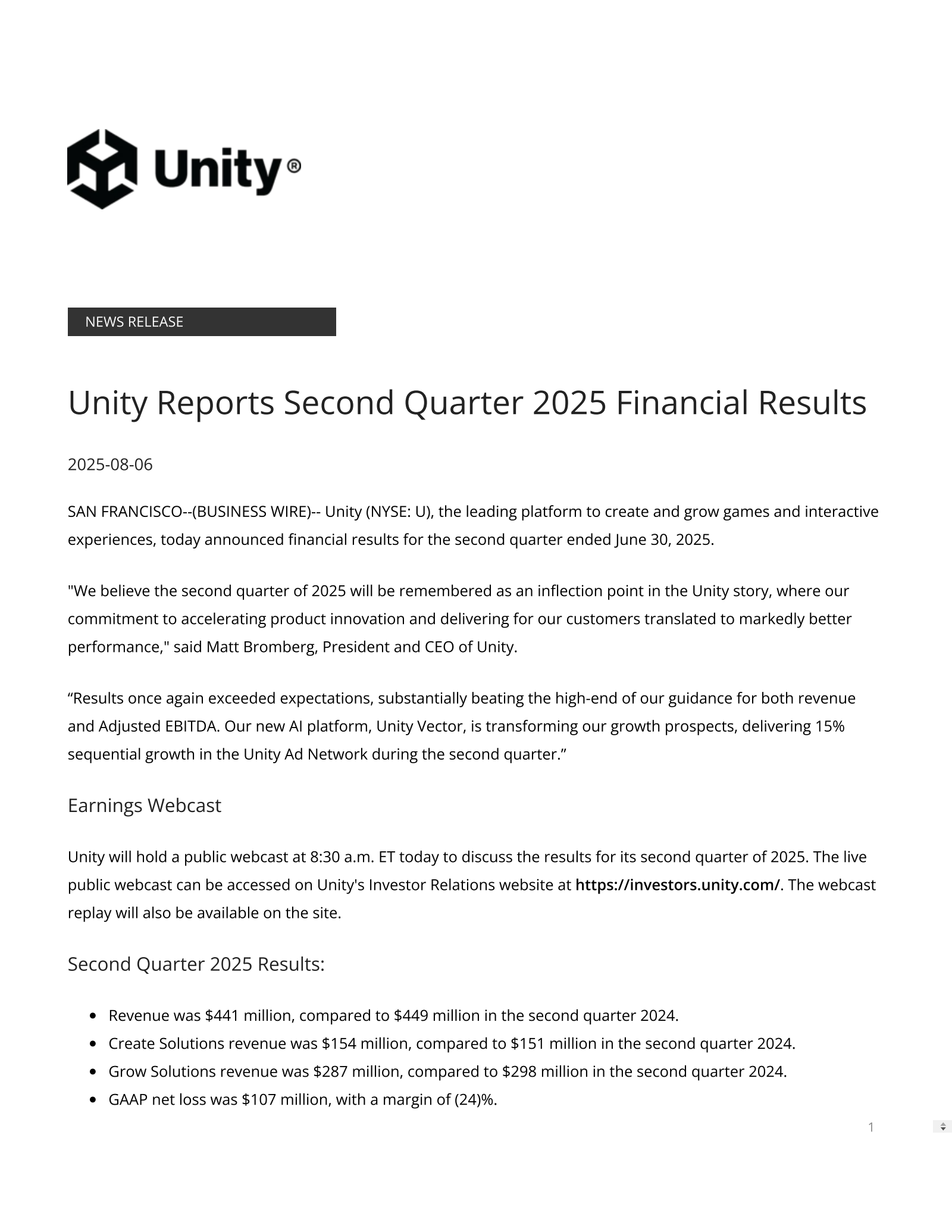 Unity Software's Q2 2025 Press Release