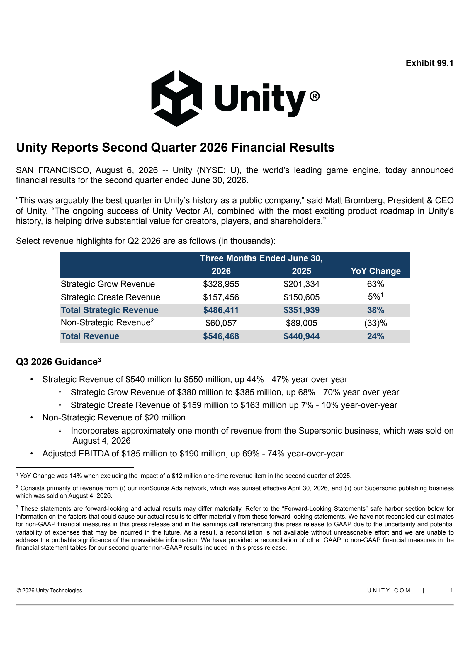 Unity Software's Q2 2026 Press Release