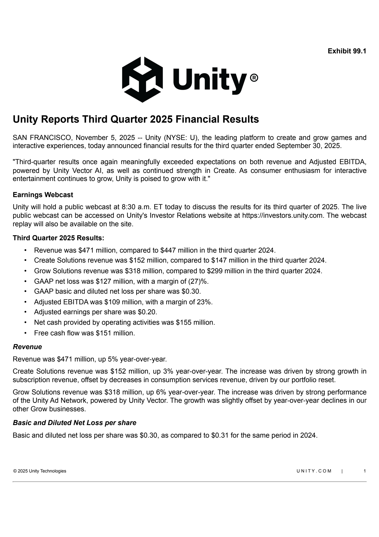 Unity Software's Q3 2025 Earnings Release