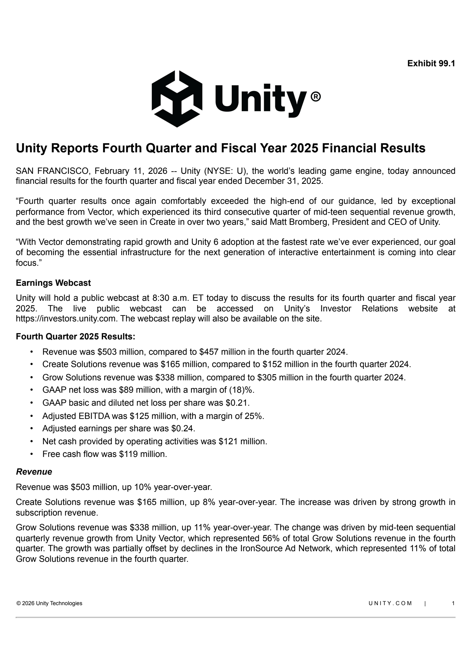 Unity Software's Q4 2025 Press Release