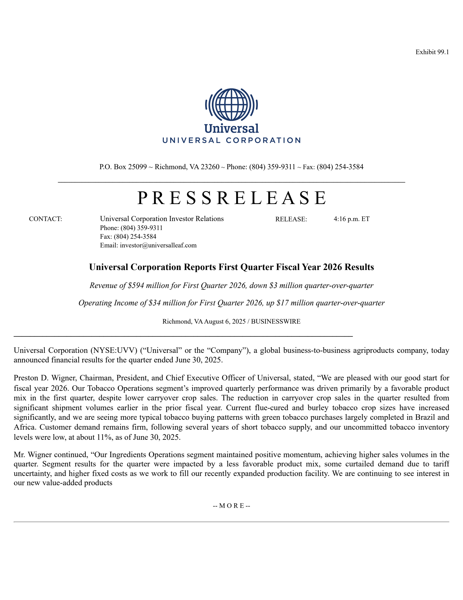 Universal's Q1 2026 Press Release
