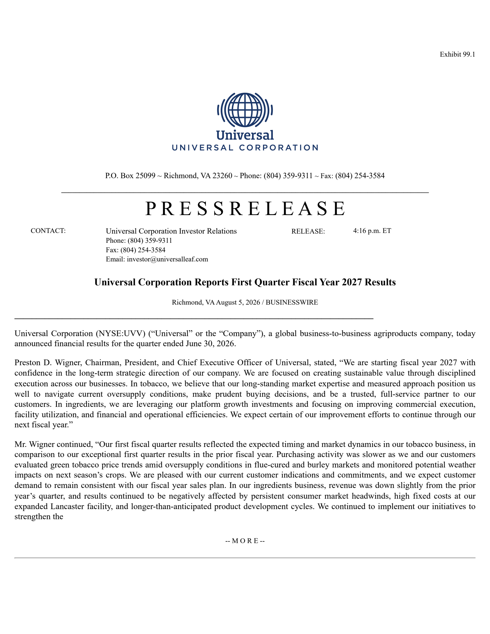 Universal's Q1 2027 Press Release