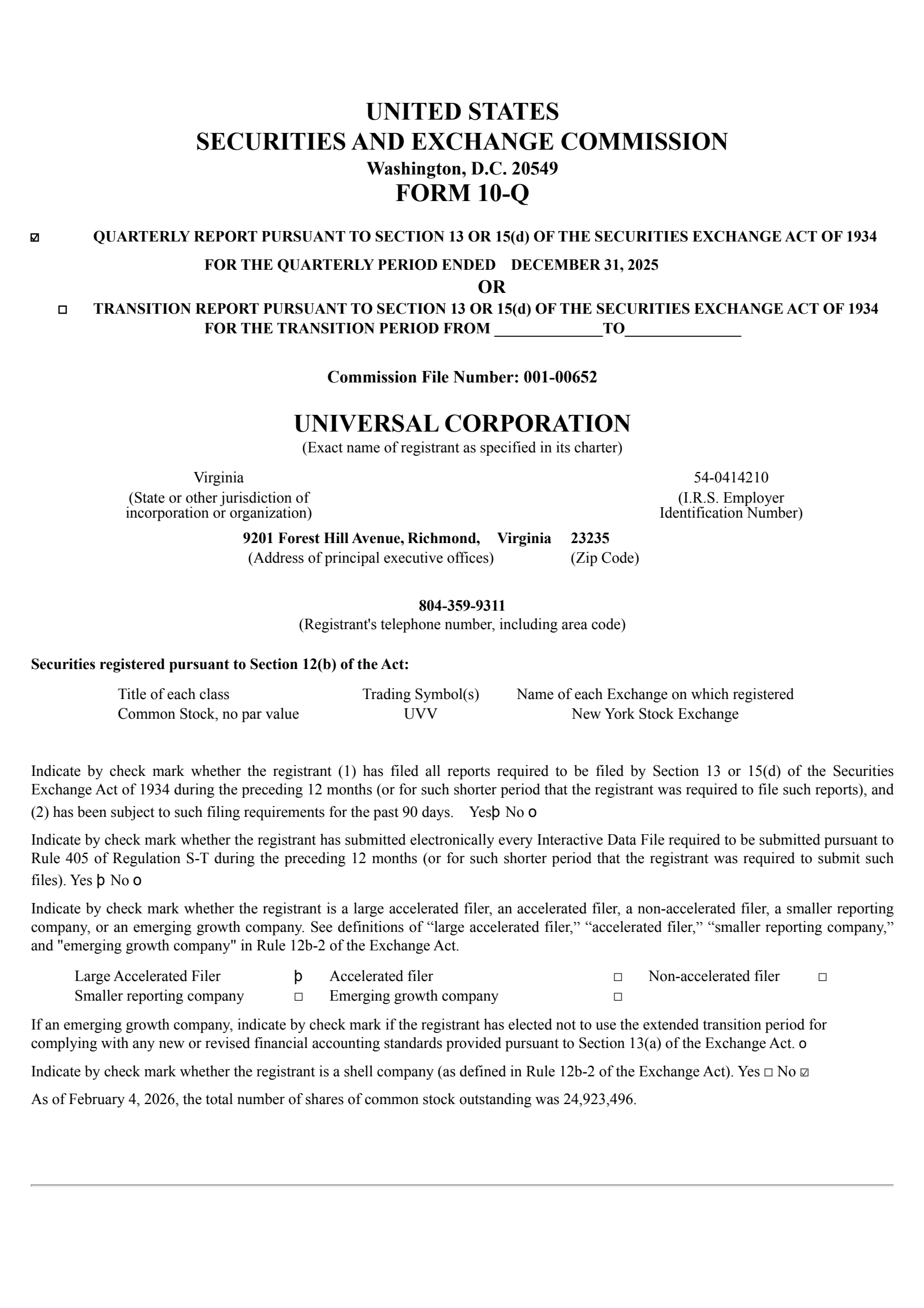 Universal's Q3 2026 Quarterly report