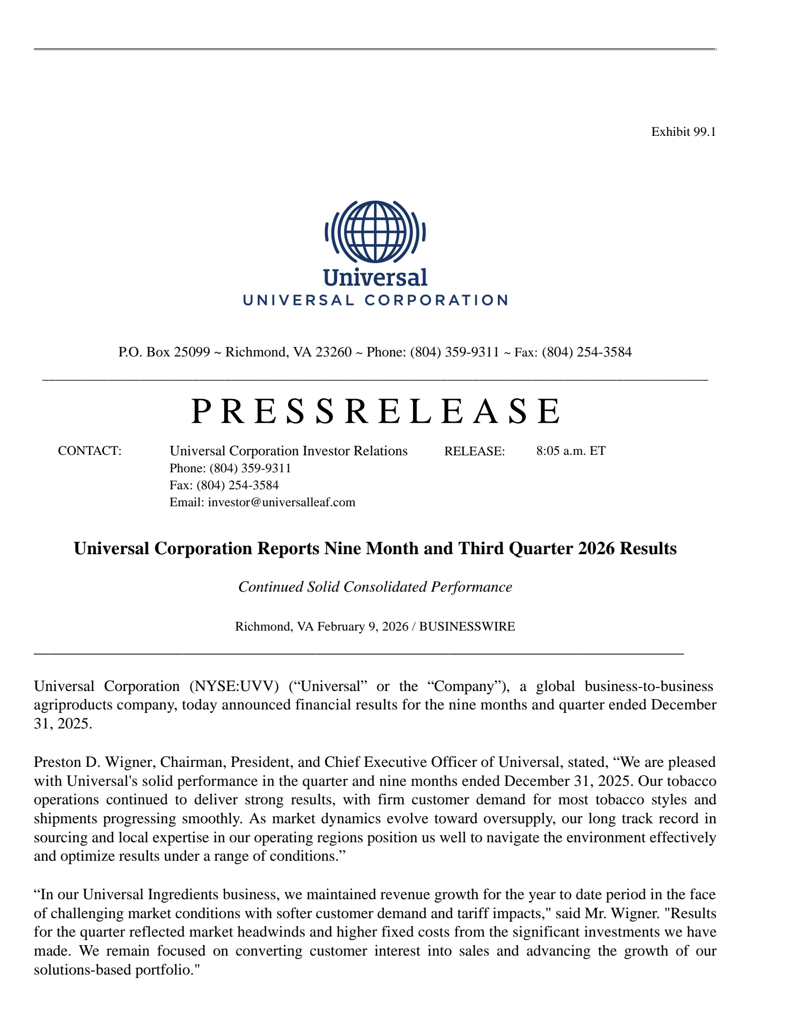 Universal's Q3 2026 Press Release