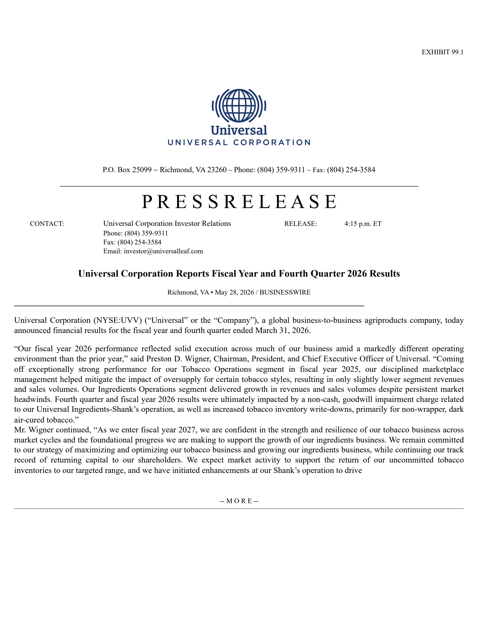 Universal's Q4 2026 Press Release