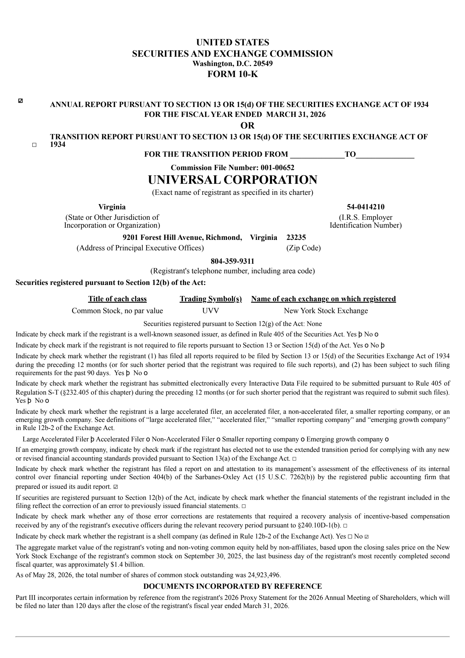 Universal's Q4 2026 Annual report