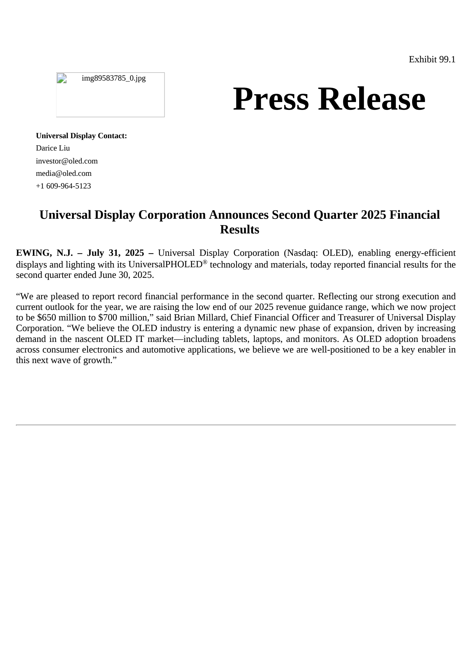 Universal Display's Q2 2025 Press Release