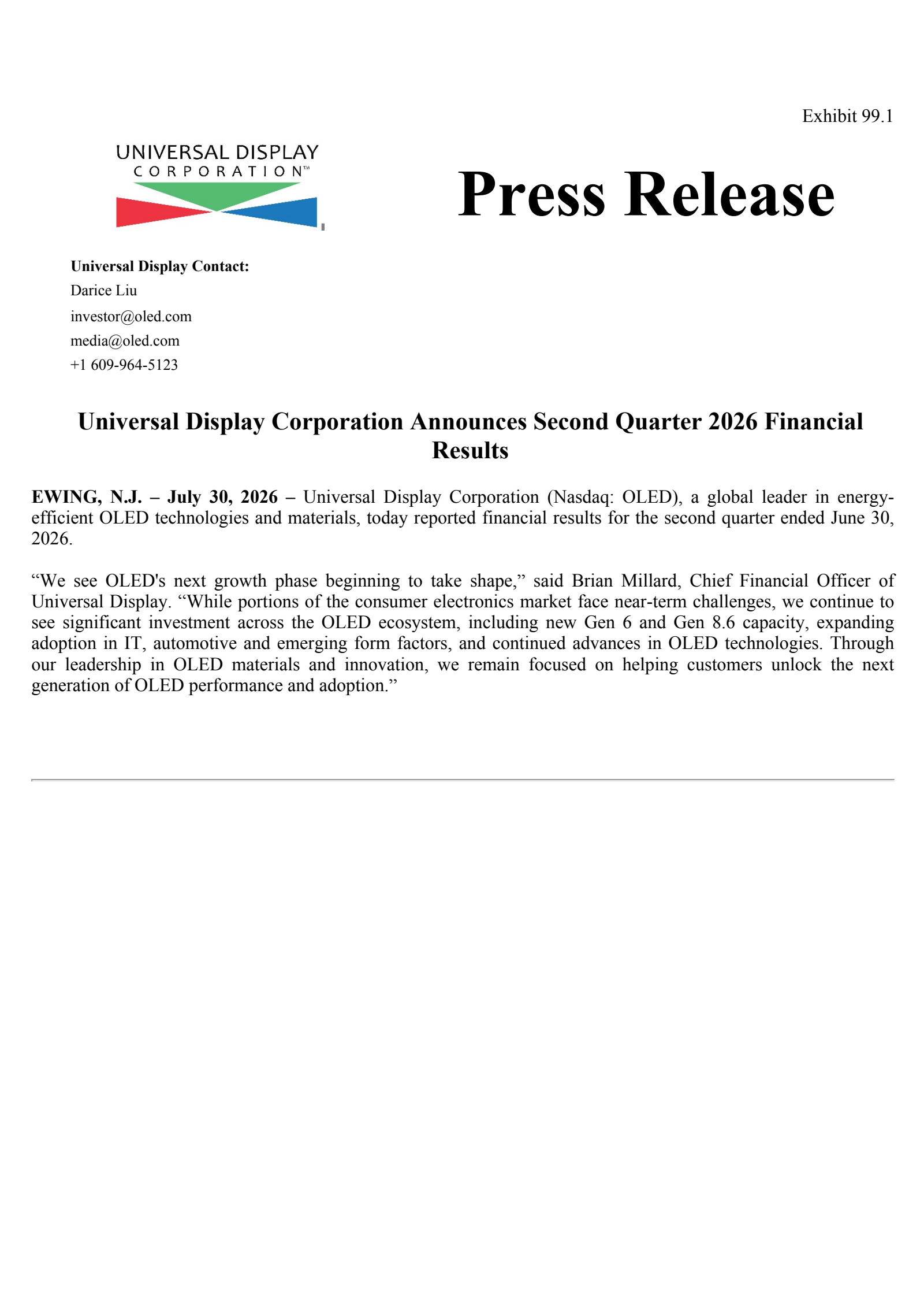 Universal Display's Q2 2026 Press Release