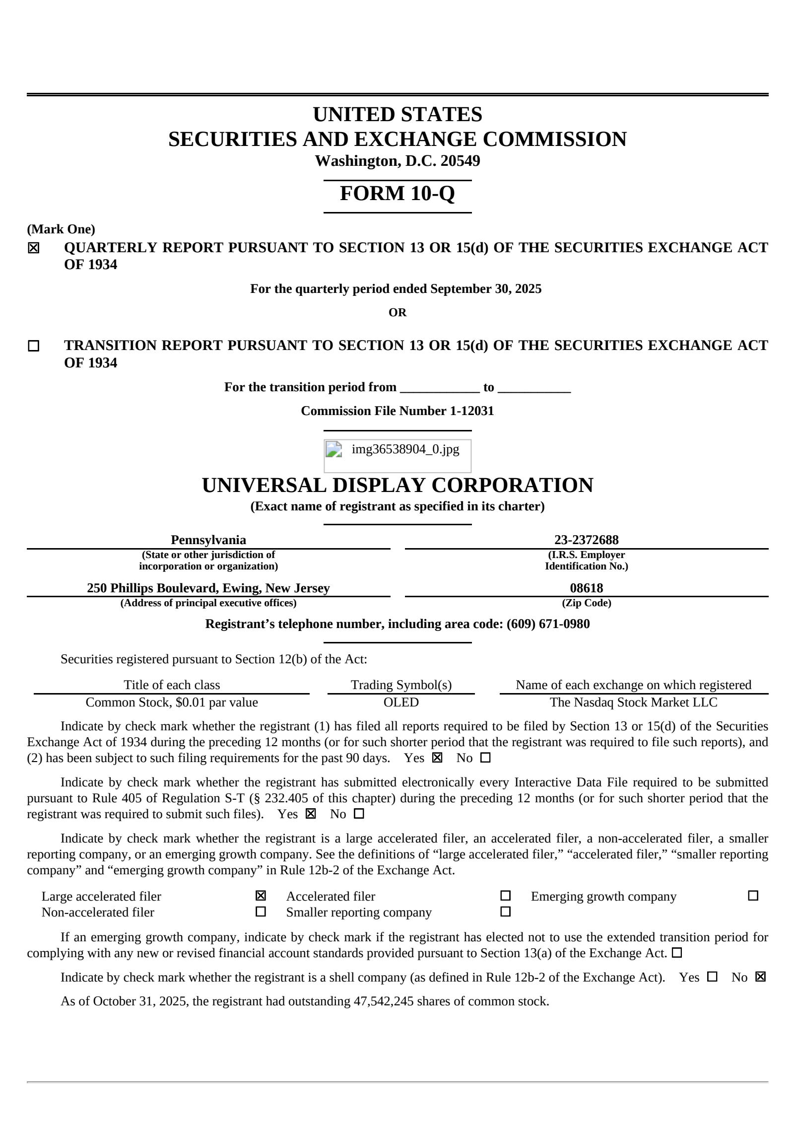 Universal Display's Q3 2025 Quarterly Report