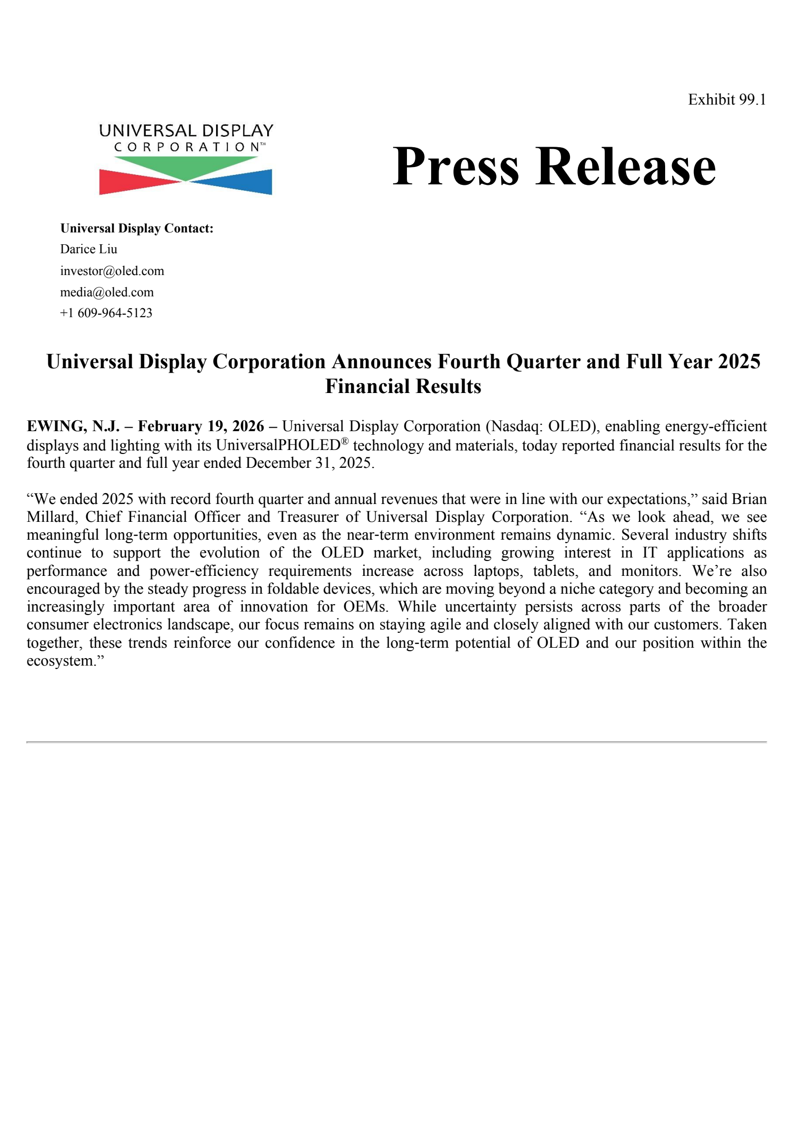 Universal Display's Q4 2025 Press Release