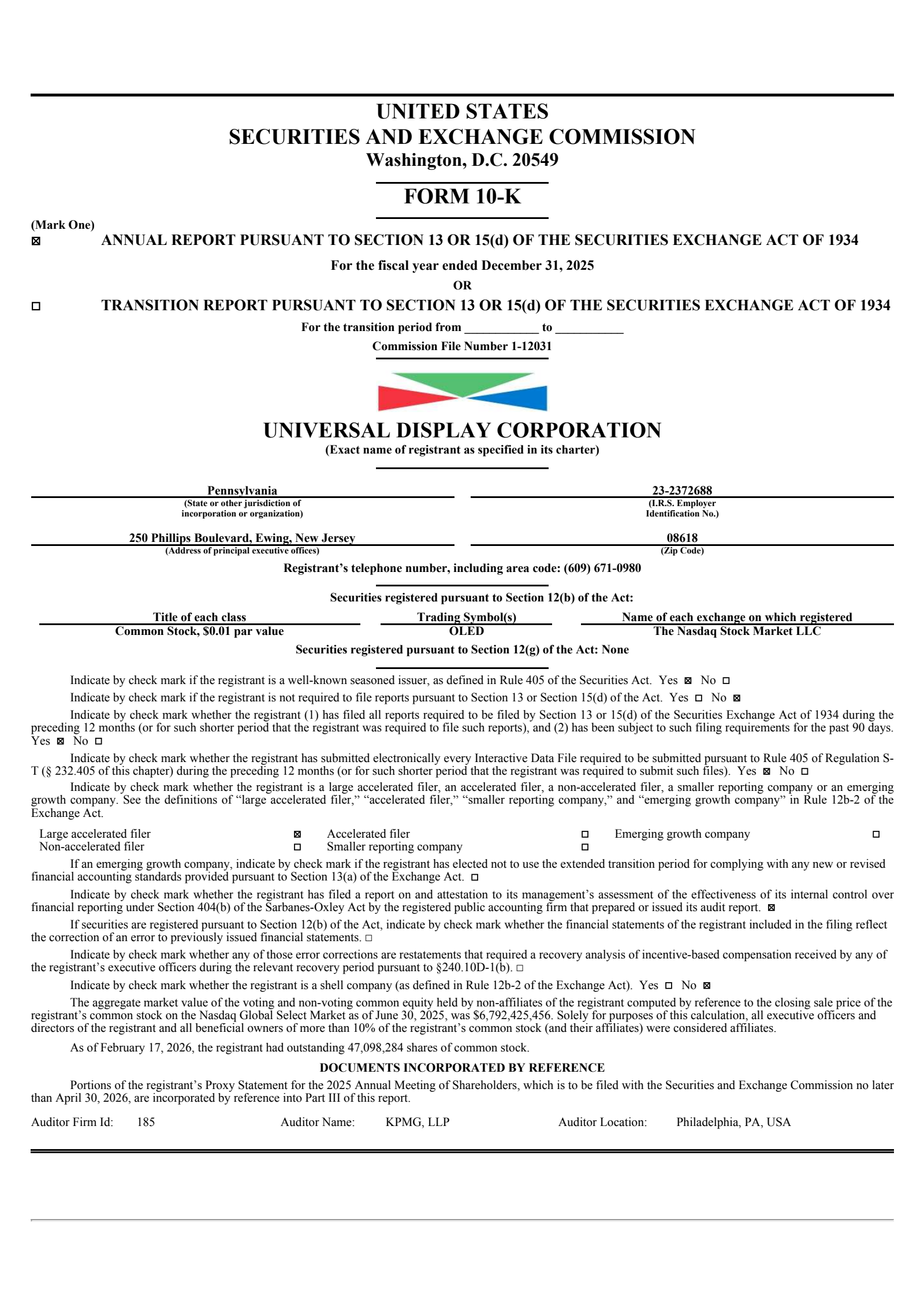 Universal Display's Q4 2025 Annual report
