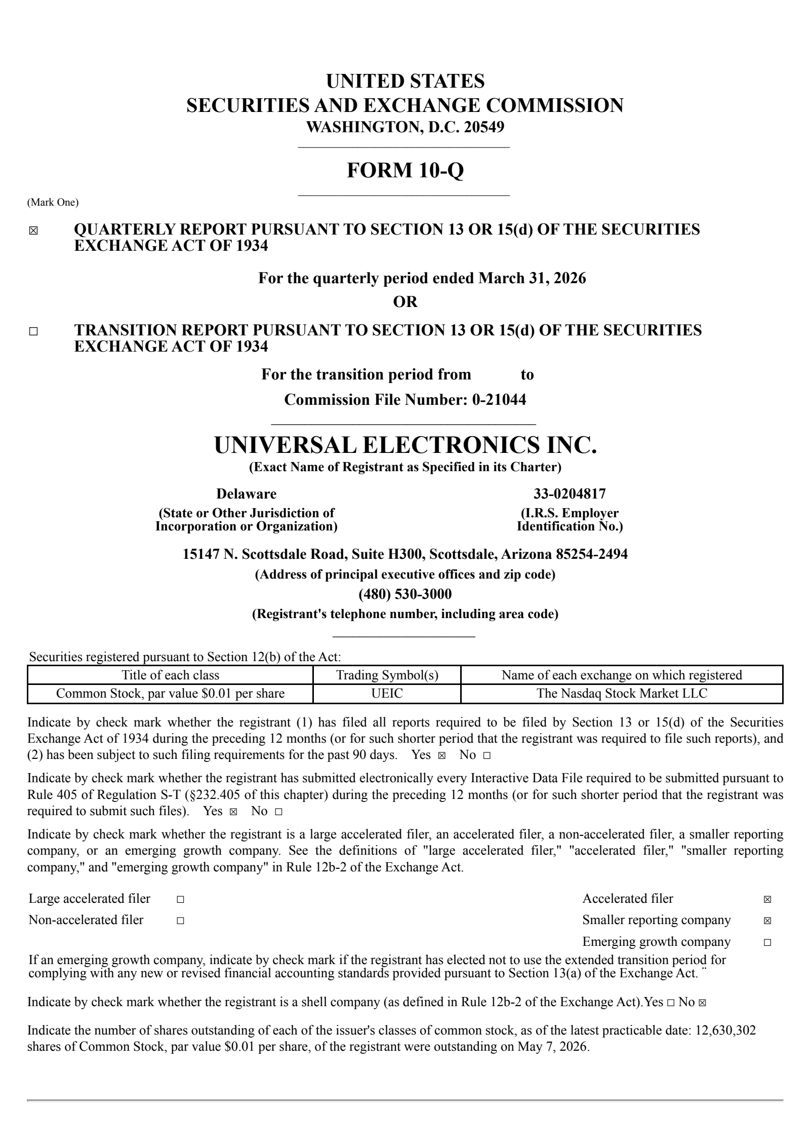 Universal Electronics' Q1 2026 Quarterly report