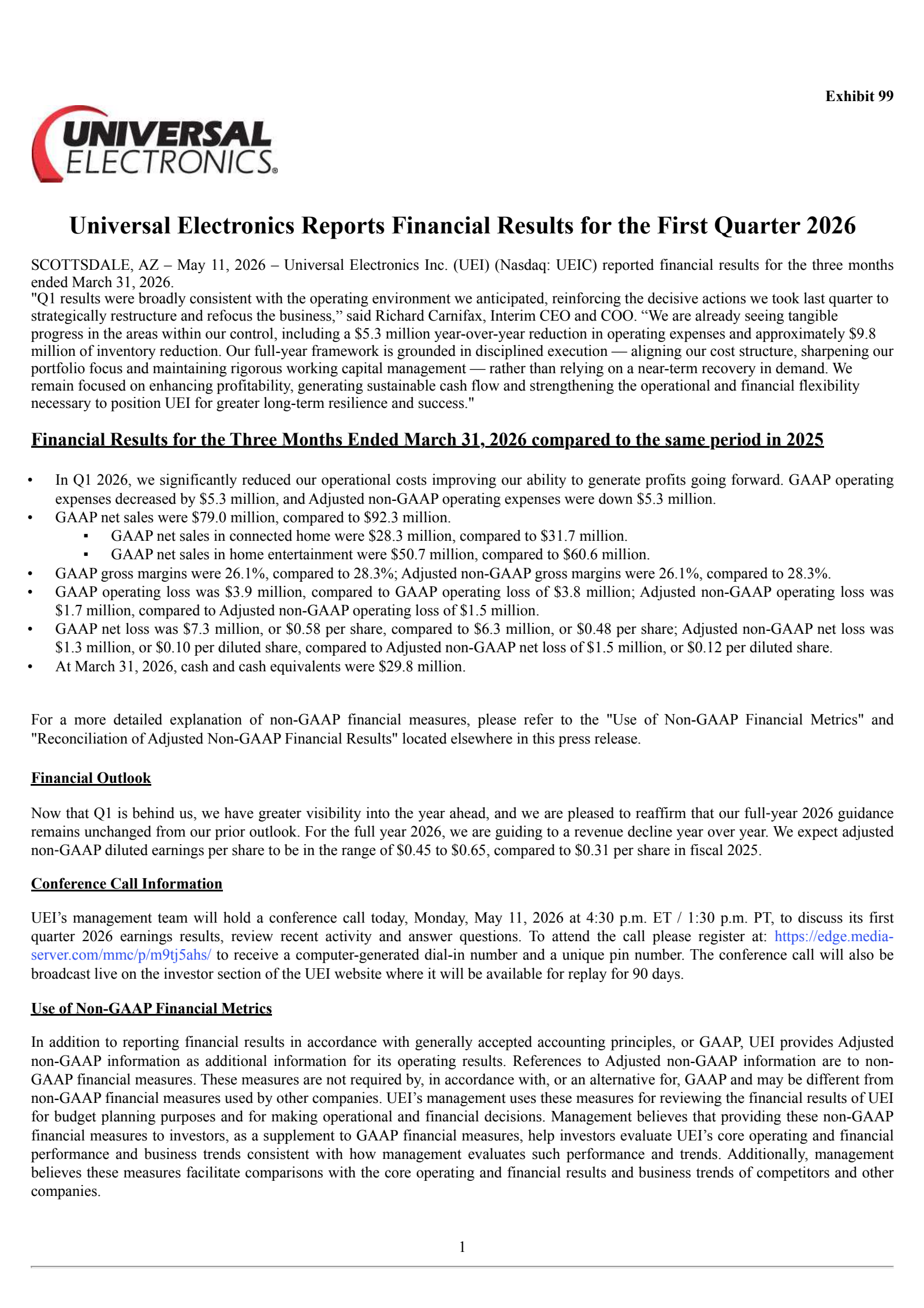 Universal Electronics' Q1 2026 Press Release