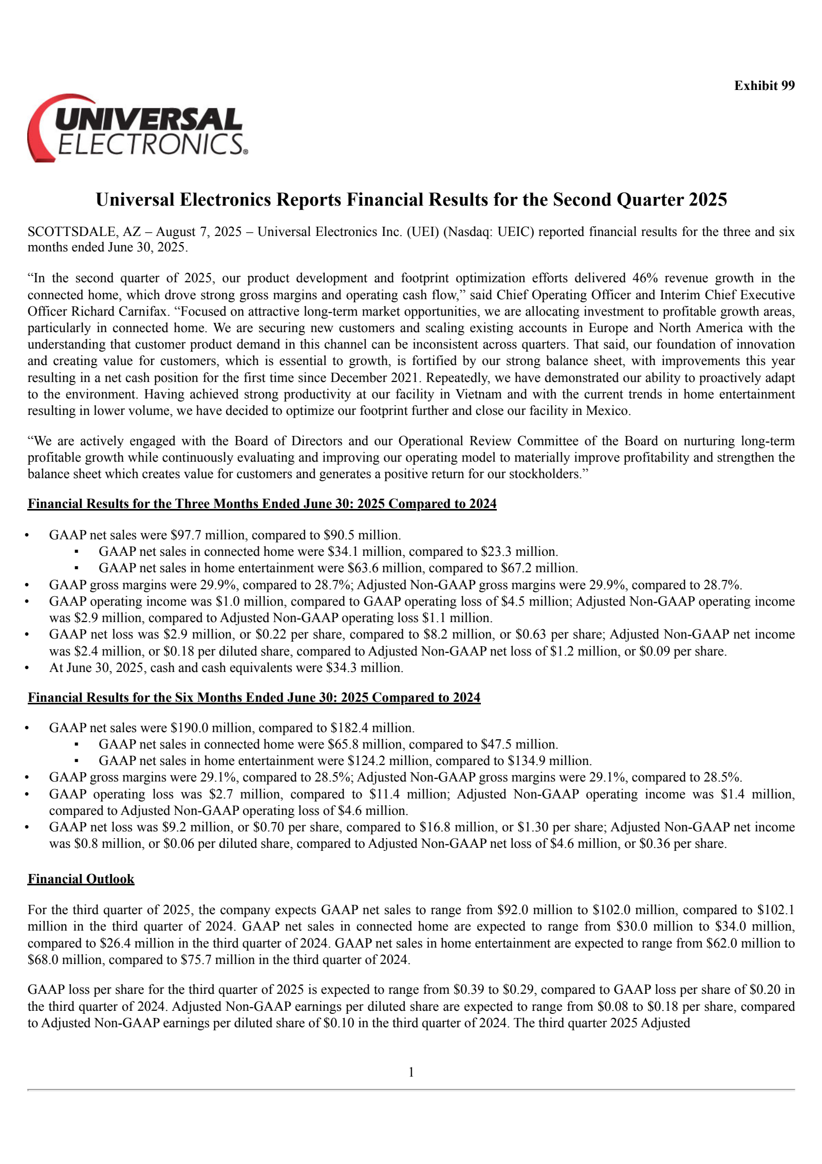 Universal Electronics' Q2 2025 Press Release