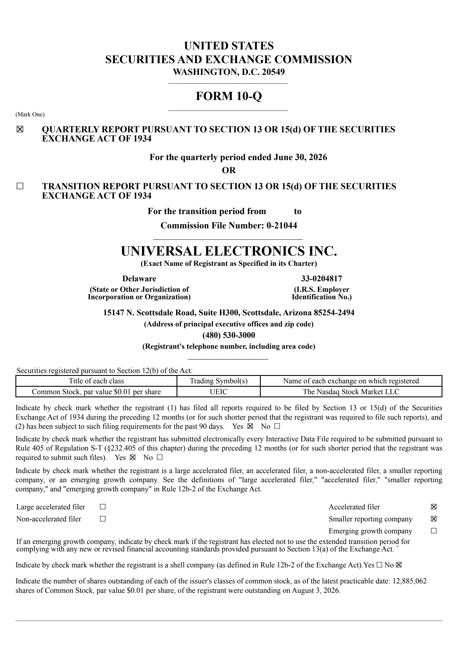 Universal Electronics' Q2 2026 Quarterly report