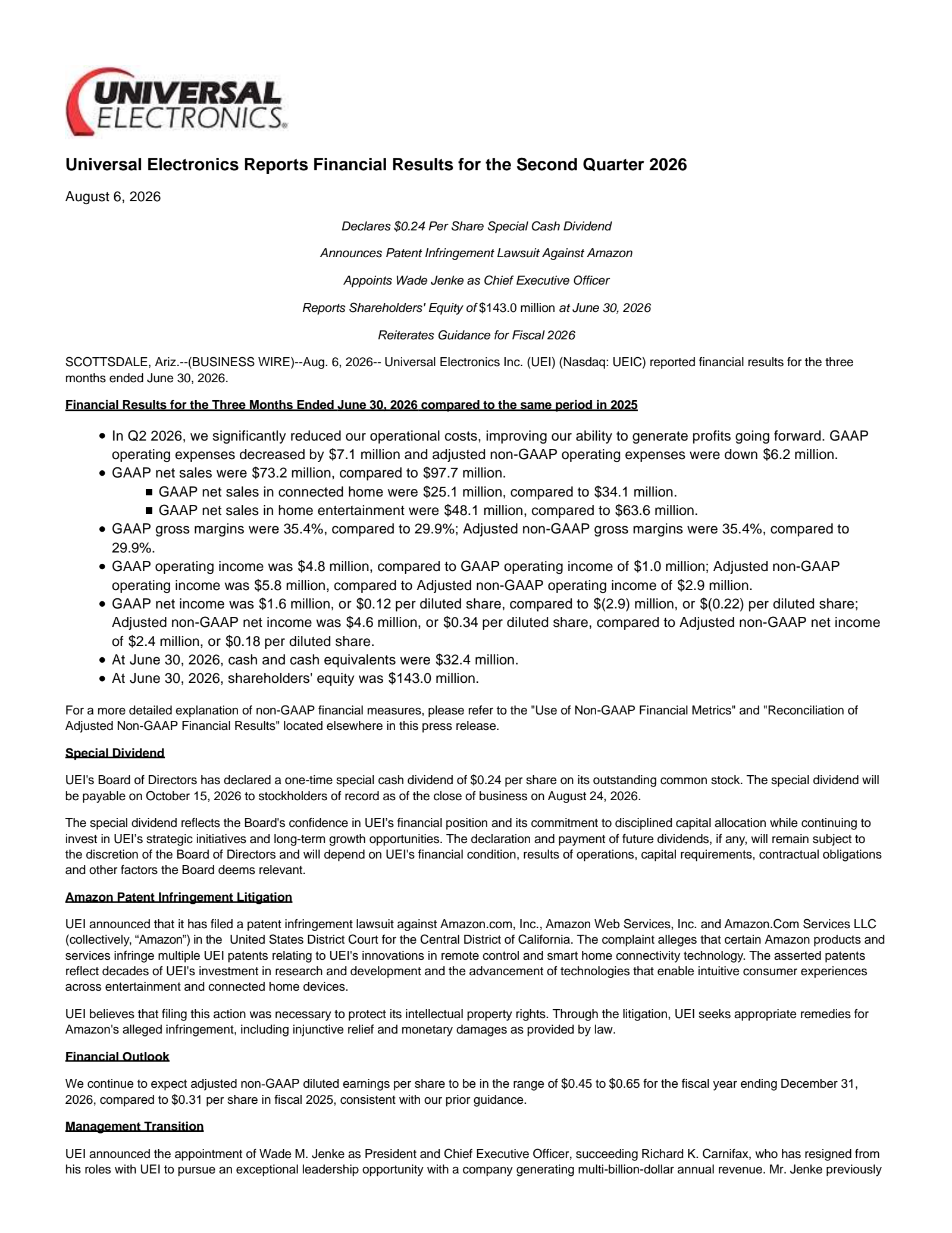 Universal Electronics' Q2 2026 Press Release