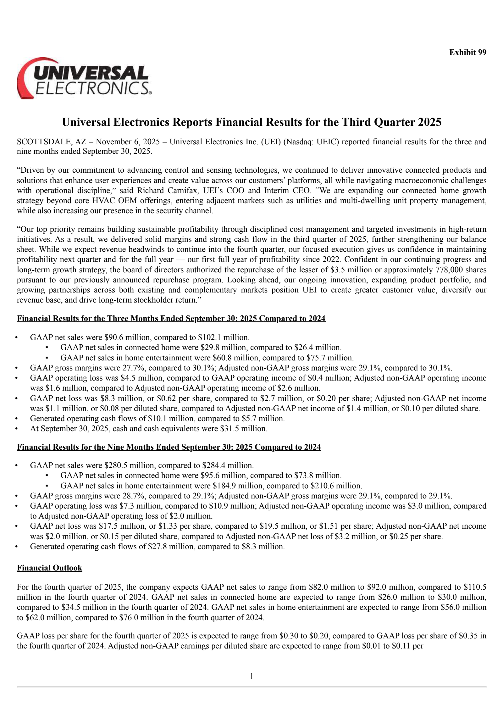 Universal Electronics' Q3 2025 Earnings Release
