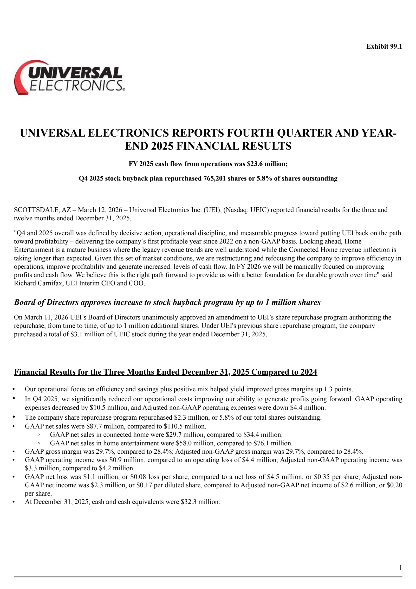 Universal Electronics' Q4 2025 Press Release