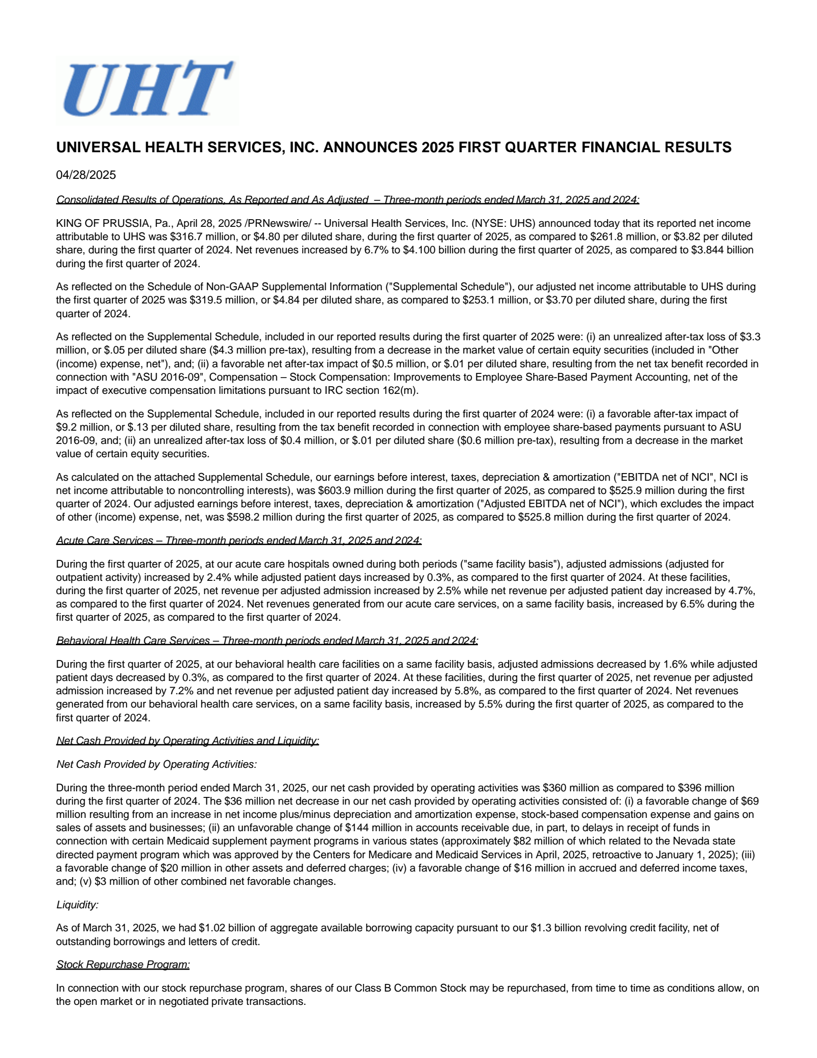 Universal Health Realty Income Trust's Q1 2025 Press Release
