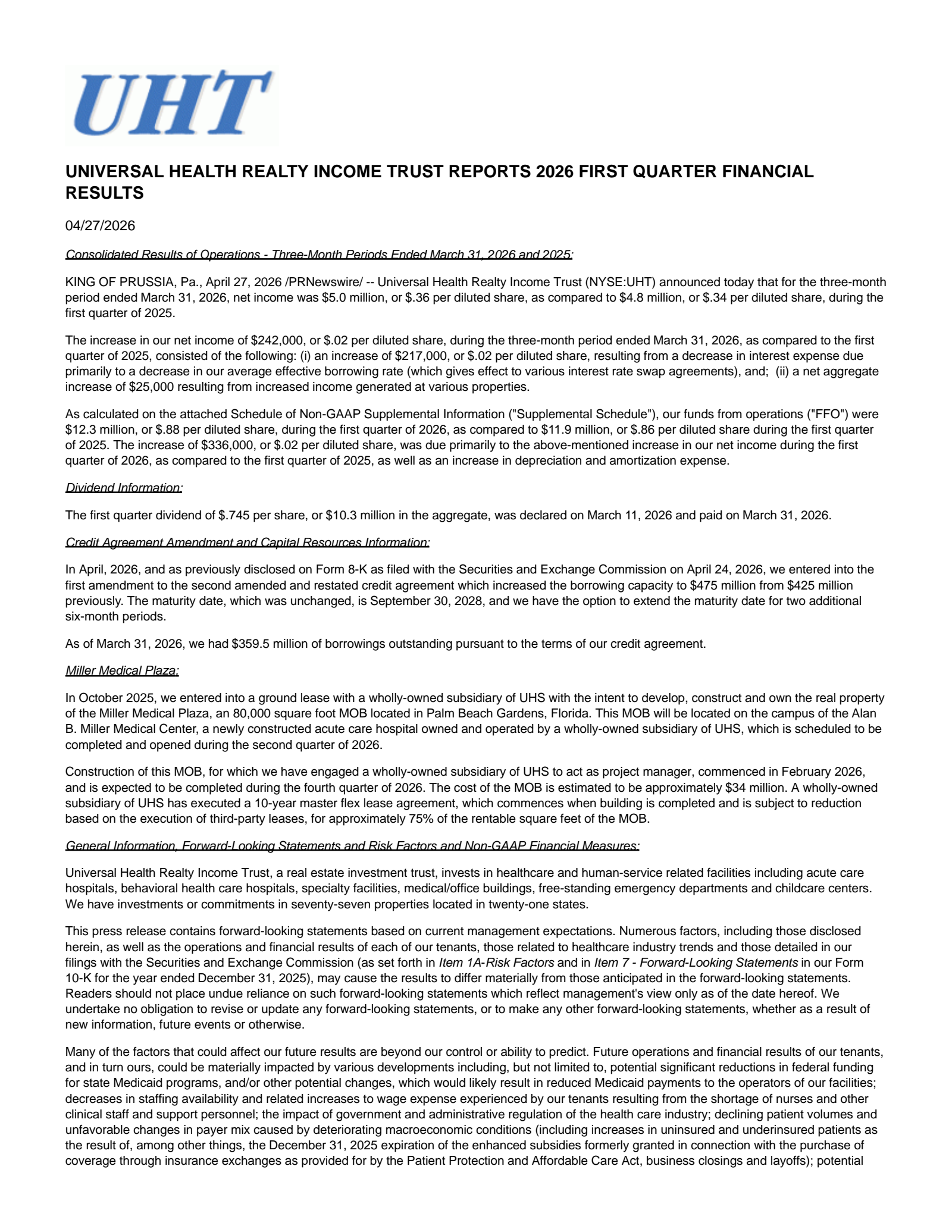 Universal Health Realty Income Trust's Q1 2026 Press Release