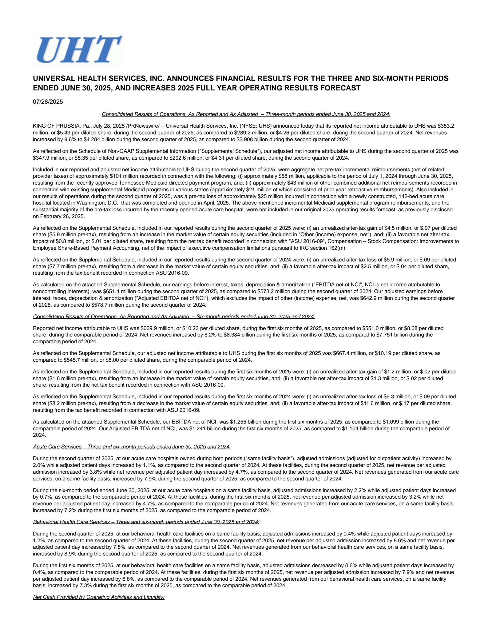 Universal Health Realty Income Trust's Q2 2025 Press Release