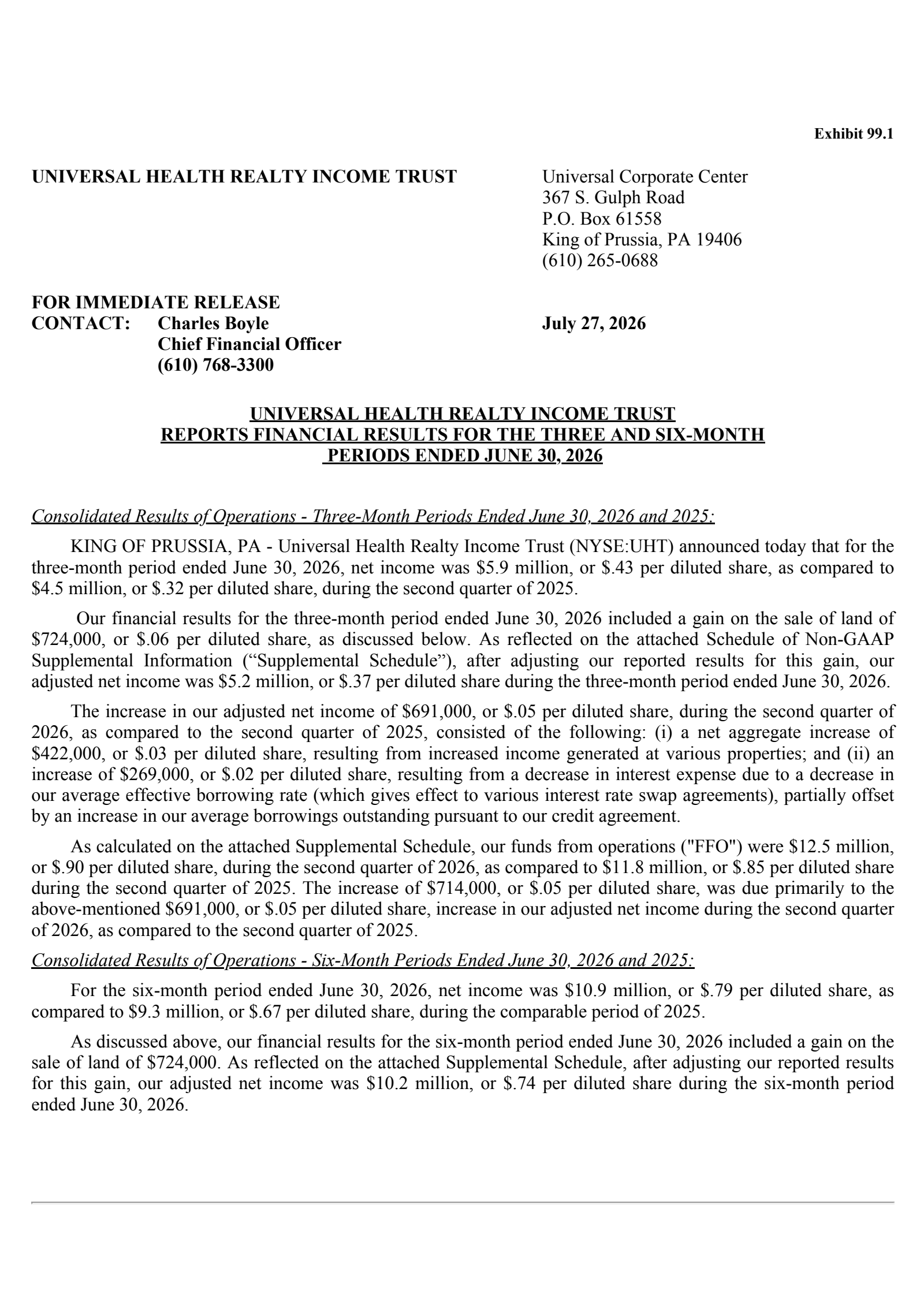 Universal Health Realty Income Trust's Q2 2026 Press Release