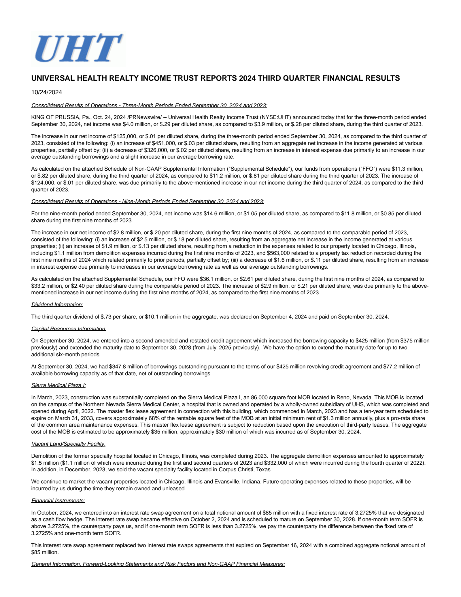 Universal Health Realty Income Trust's Q3 2024 Press Release