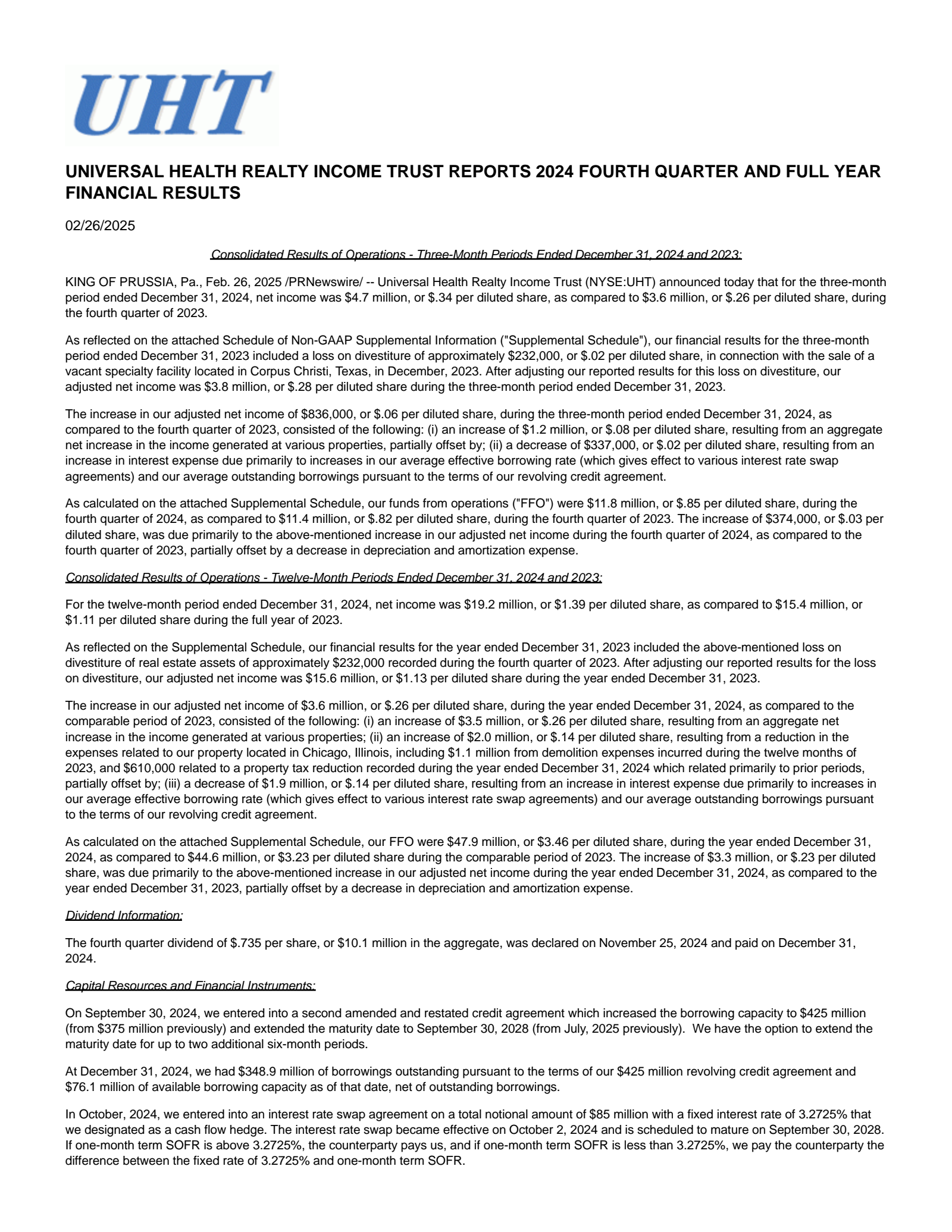 Universal Health Realty Income Trust's Q4 2024 Press Release