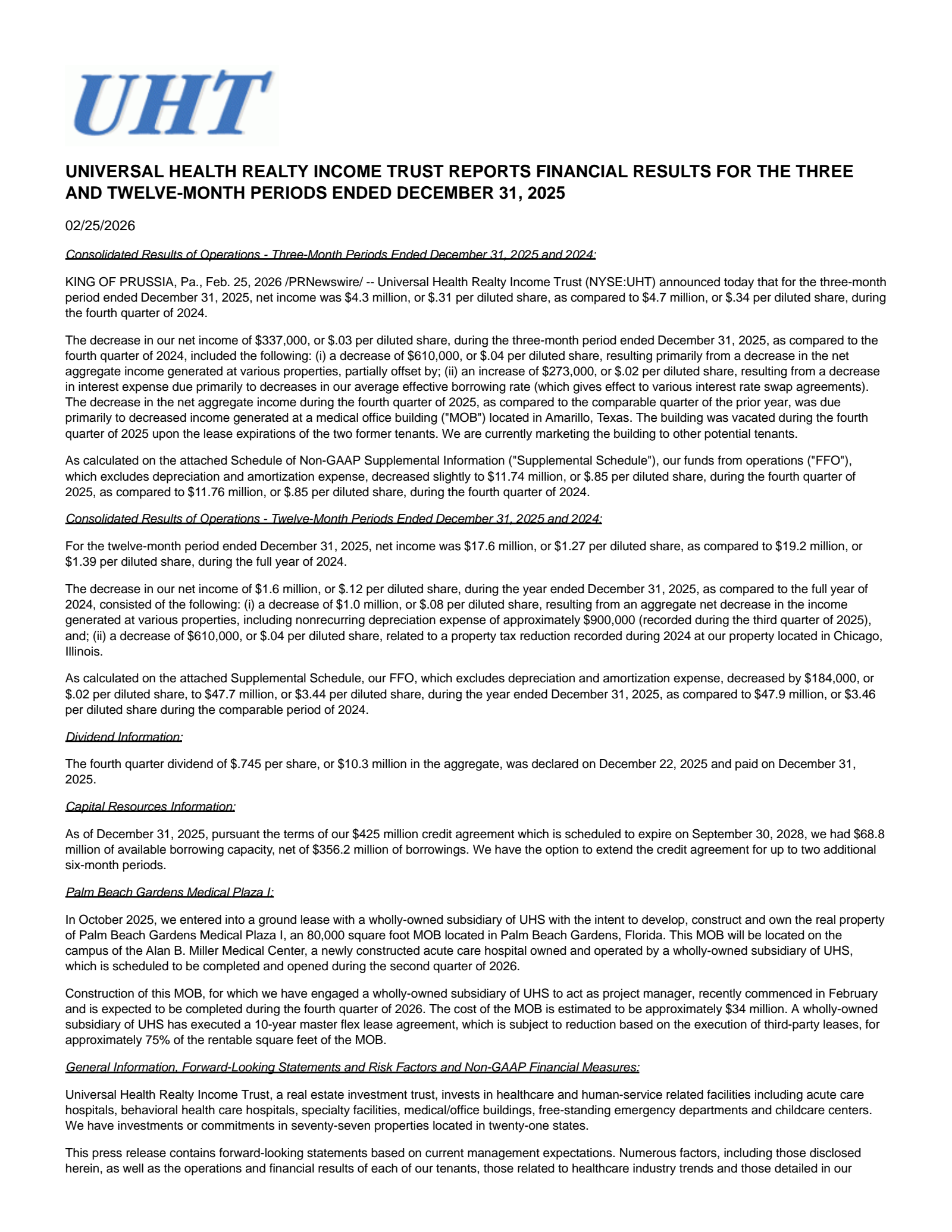 Universal Health Realty Income Trust's Q4 2025 Press Release