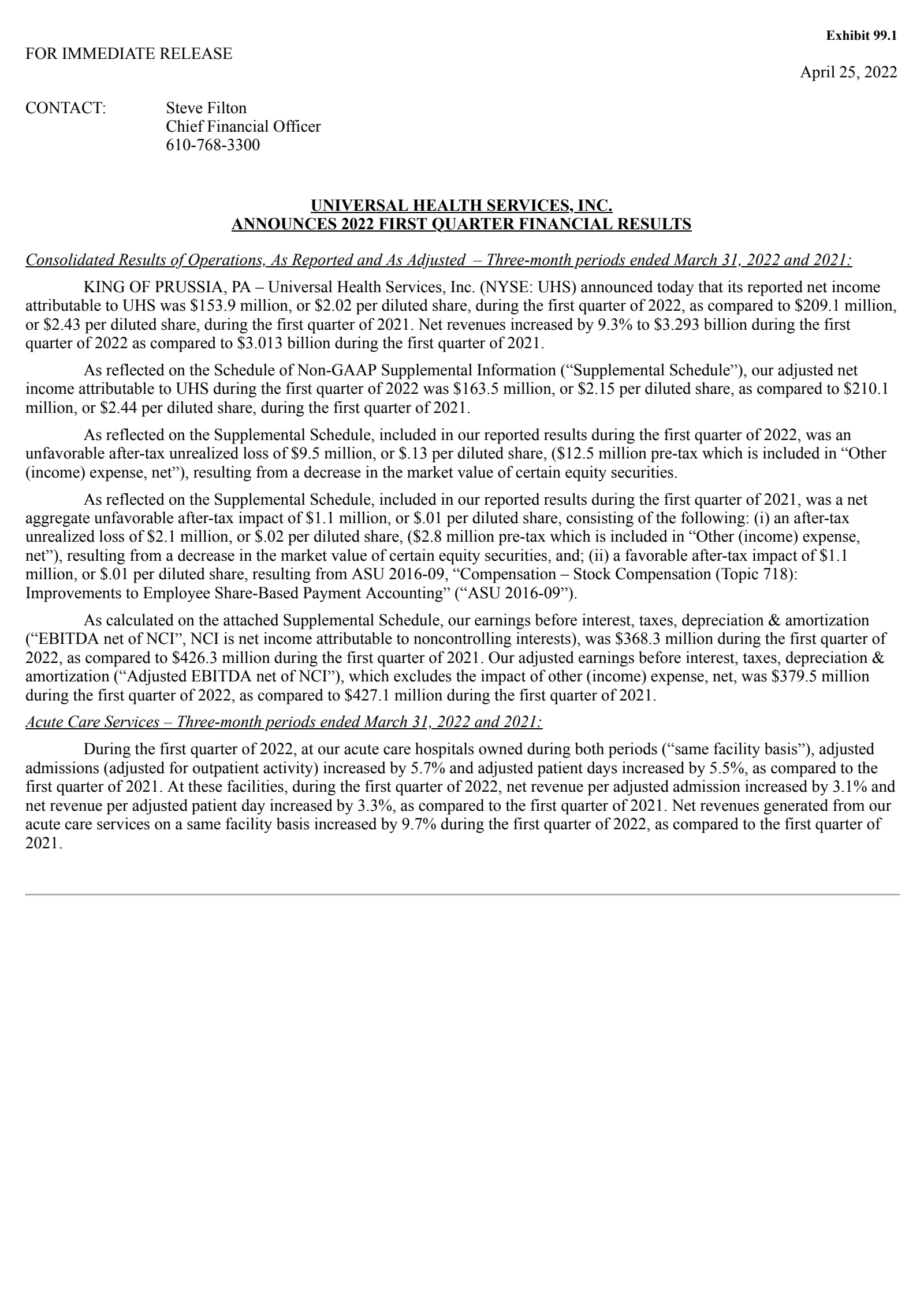 Universal Health Services' Q1 2022 Press Release