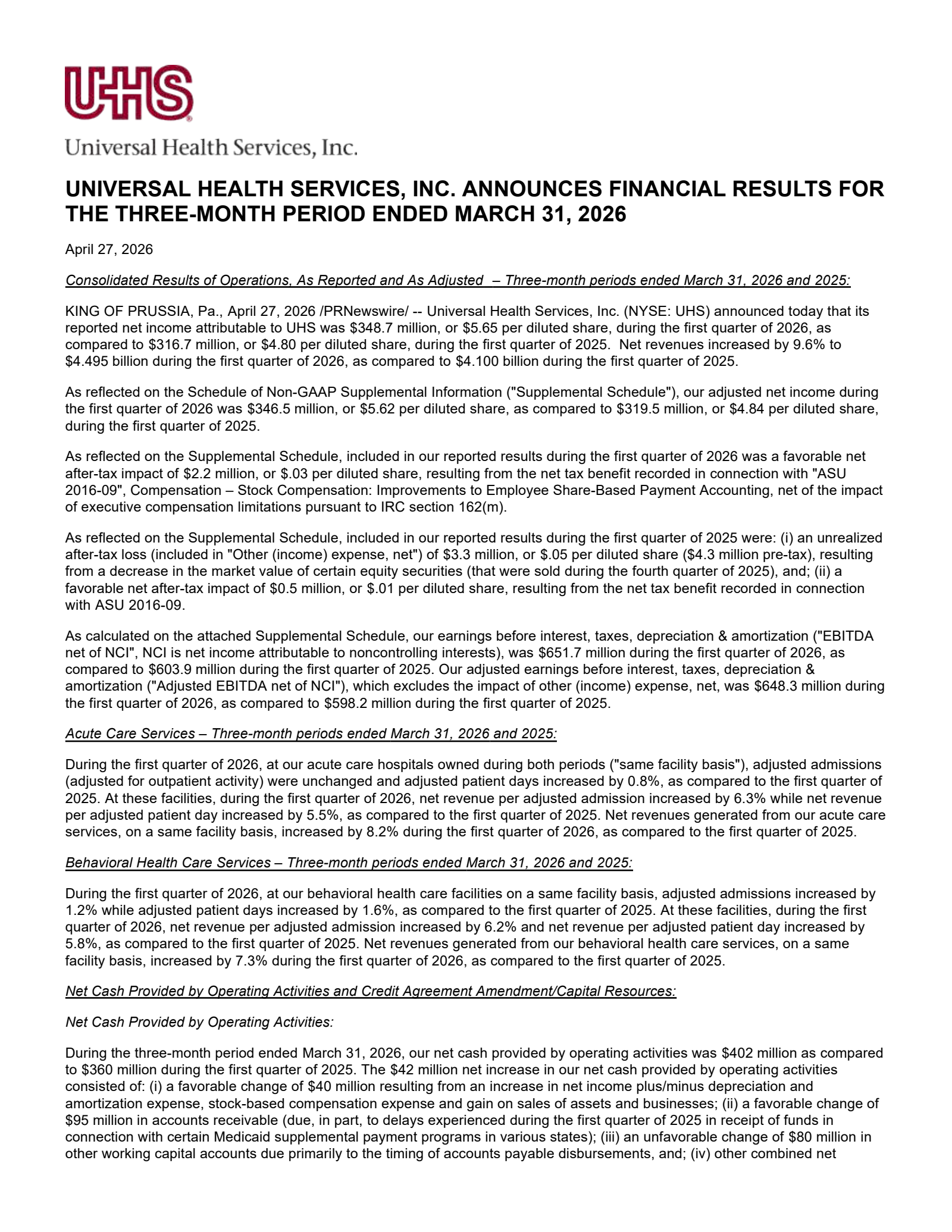 Universal Health Services' Q1 2026 Press Release