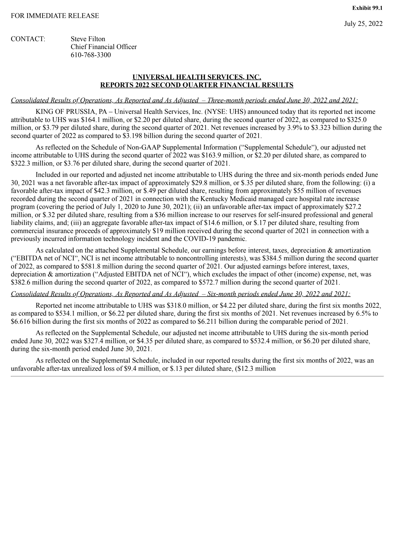 Universal Health Services' Q2 2022 Press Release