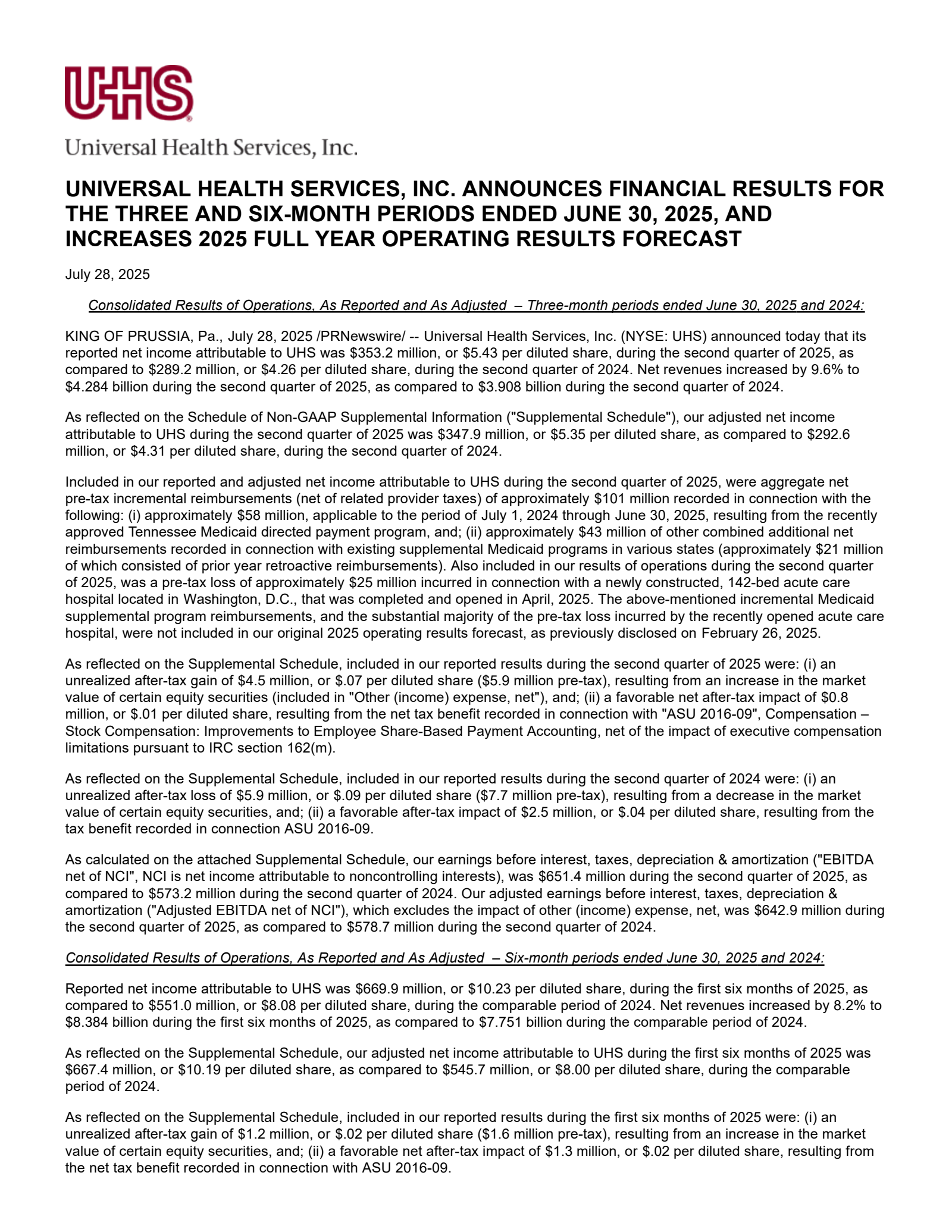 Universal Health Services' Q2 2025 Press Release
