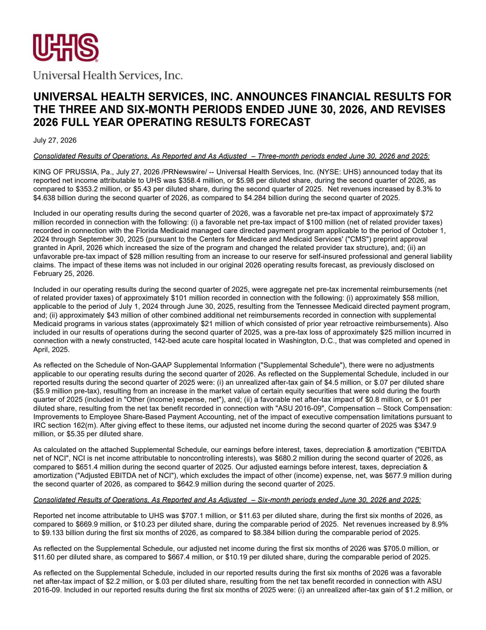 Universal Health Services' Q2 2026 Press Release