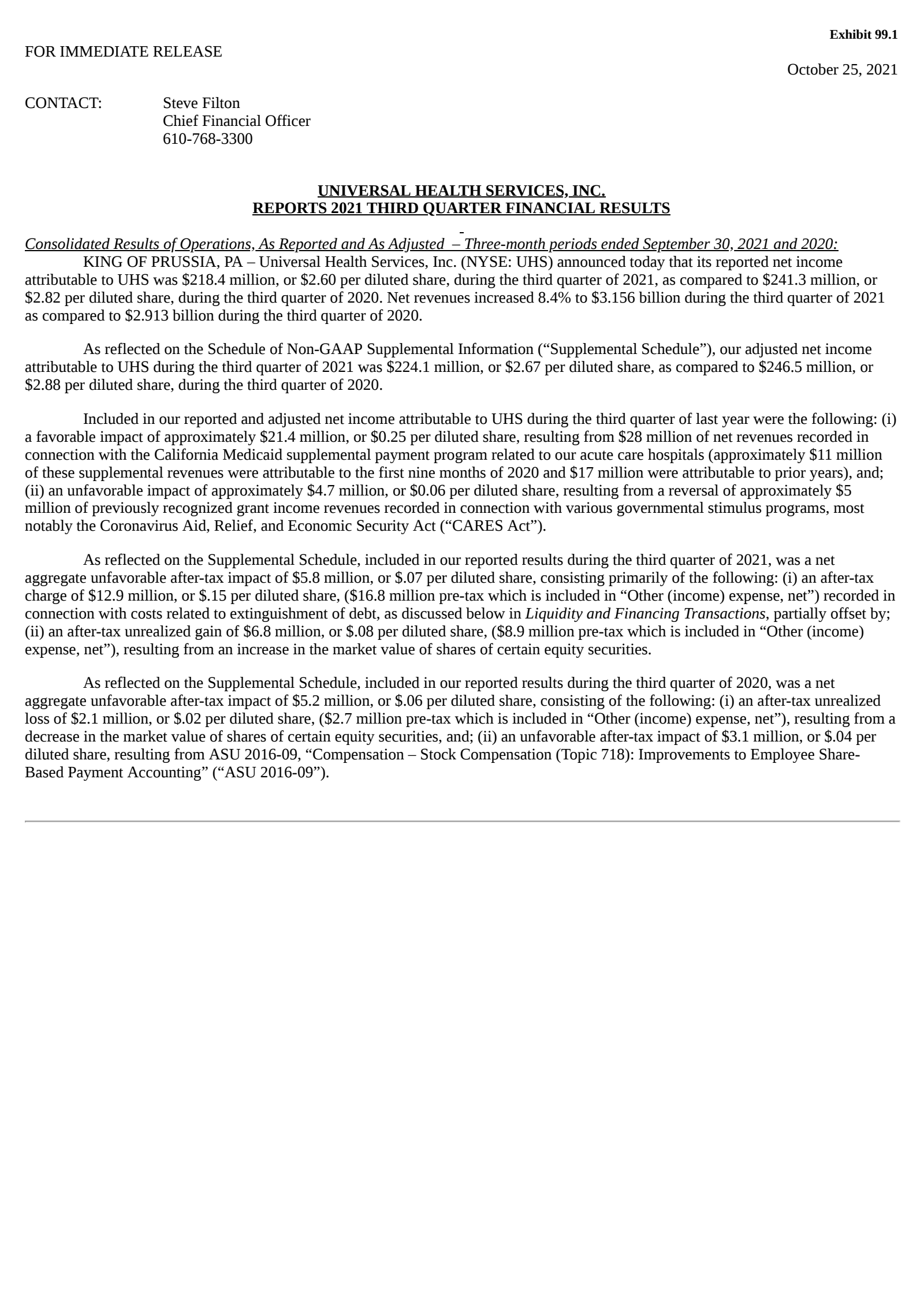 Universal Health Services' Q3 2021 Press Release