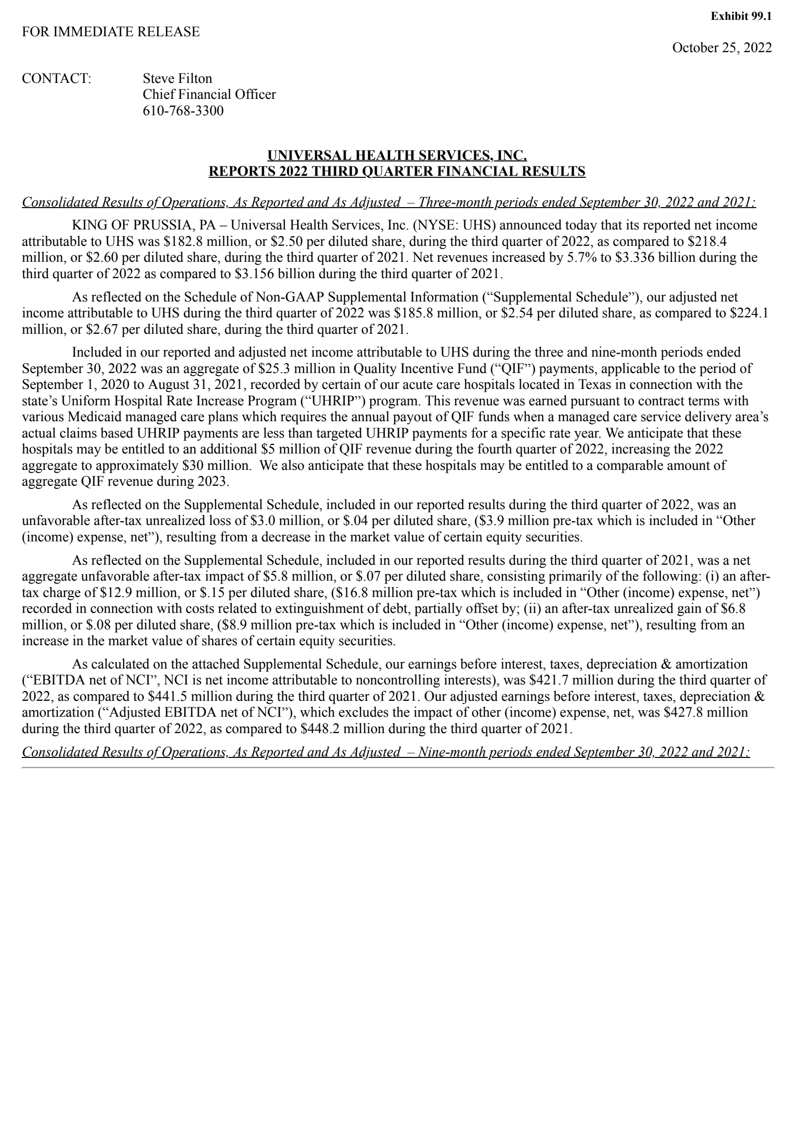 Universal Health Services' Q3 2022 Press Release