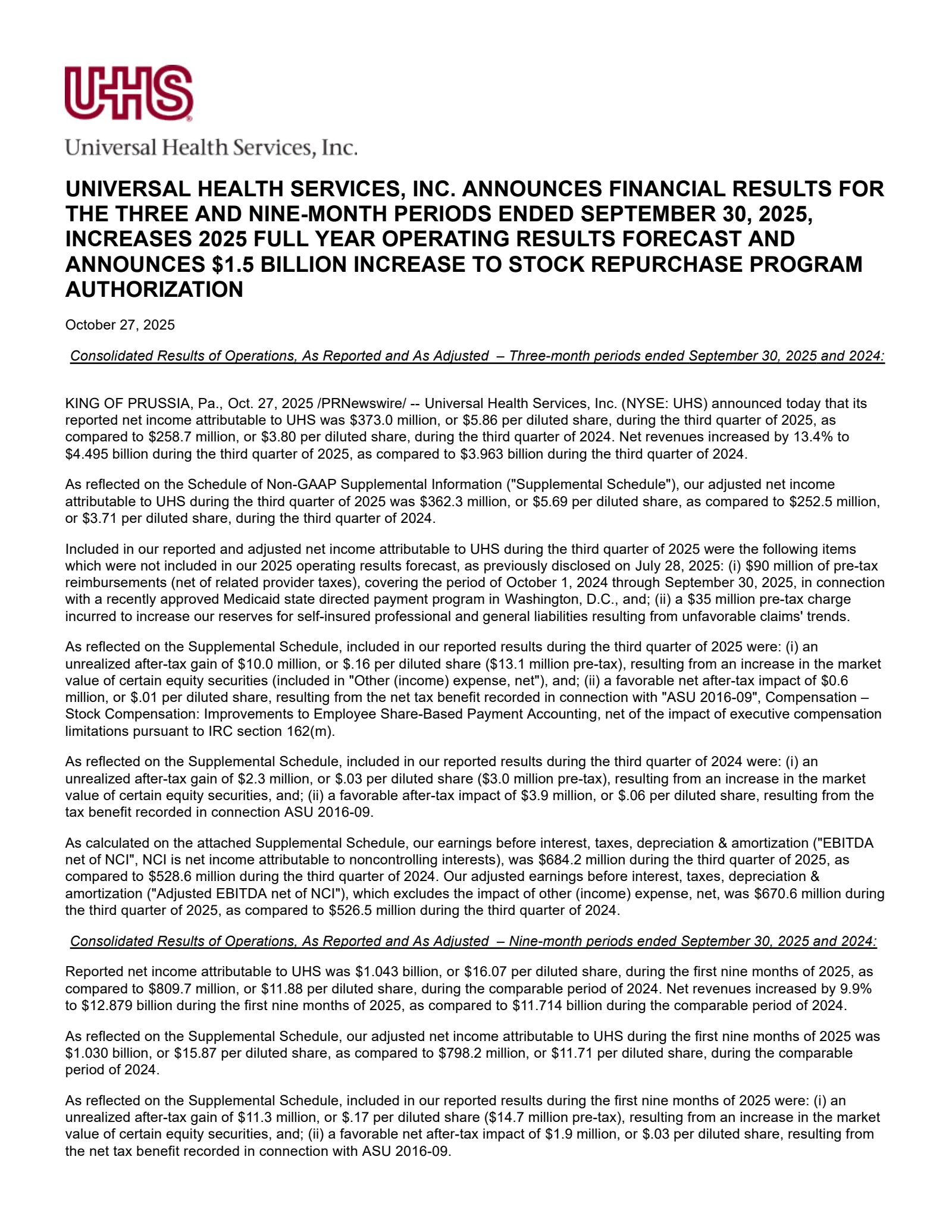 Universal Health Services' Q3 2025 Earnings Release