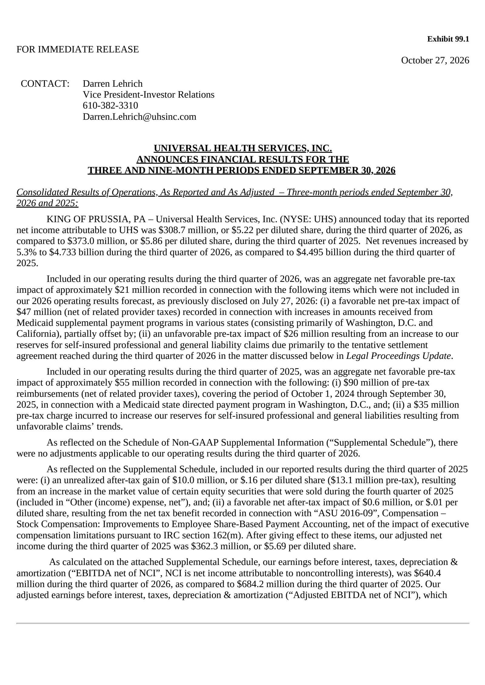 Universal Health Services' Q3 2026 Press Release