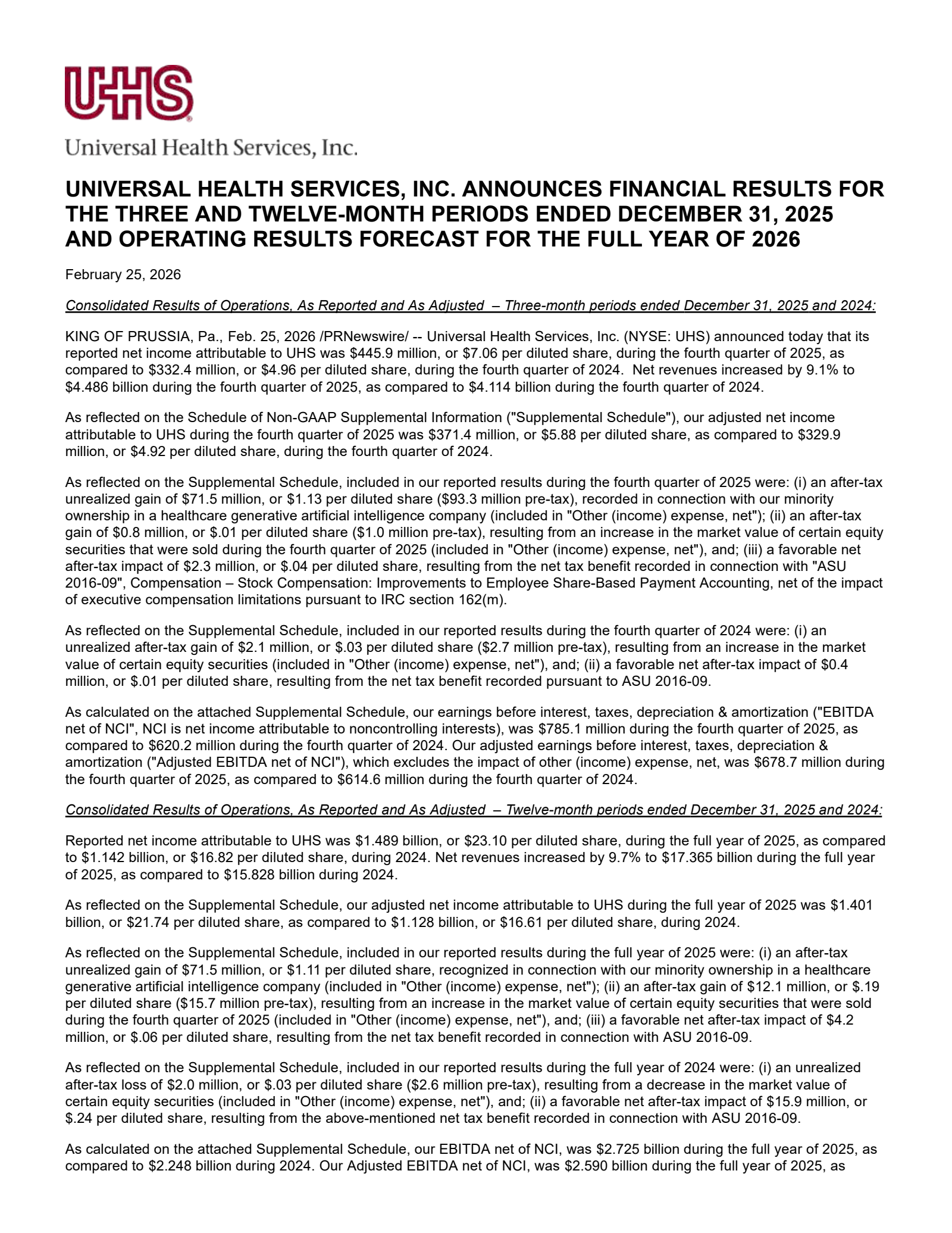 Universal Health Services' Q4 2025 Press Release