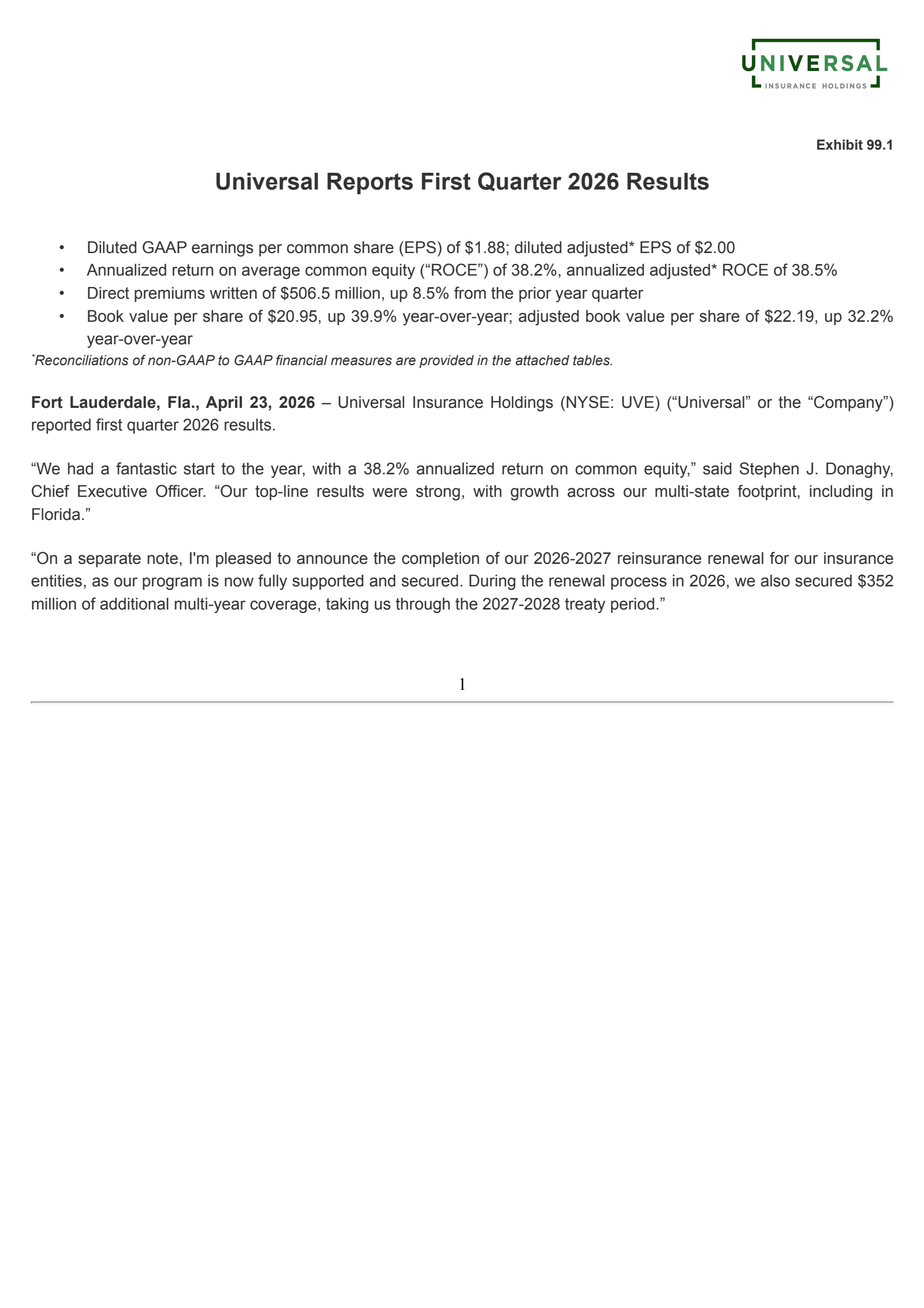 Universal Insurance's Q1 2026 Press Release