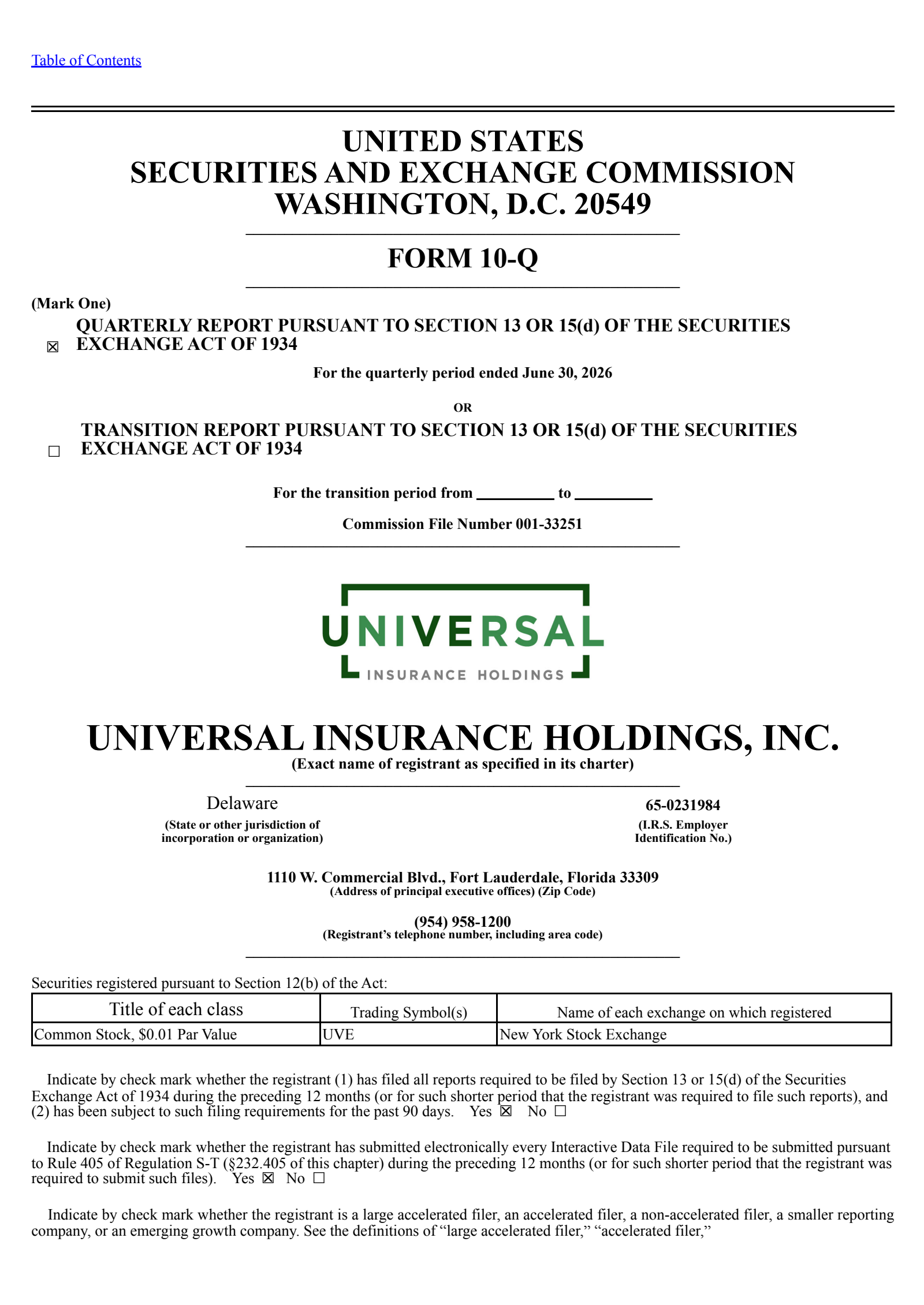 Universal Insurance's Q2 2026 Quarterly report