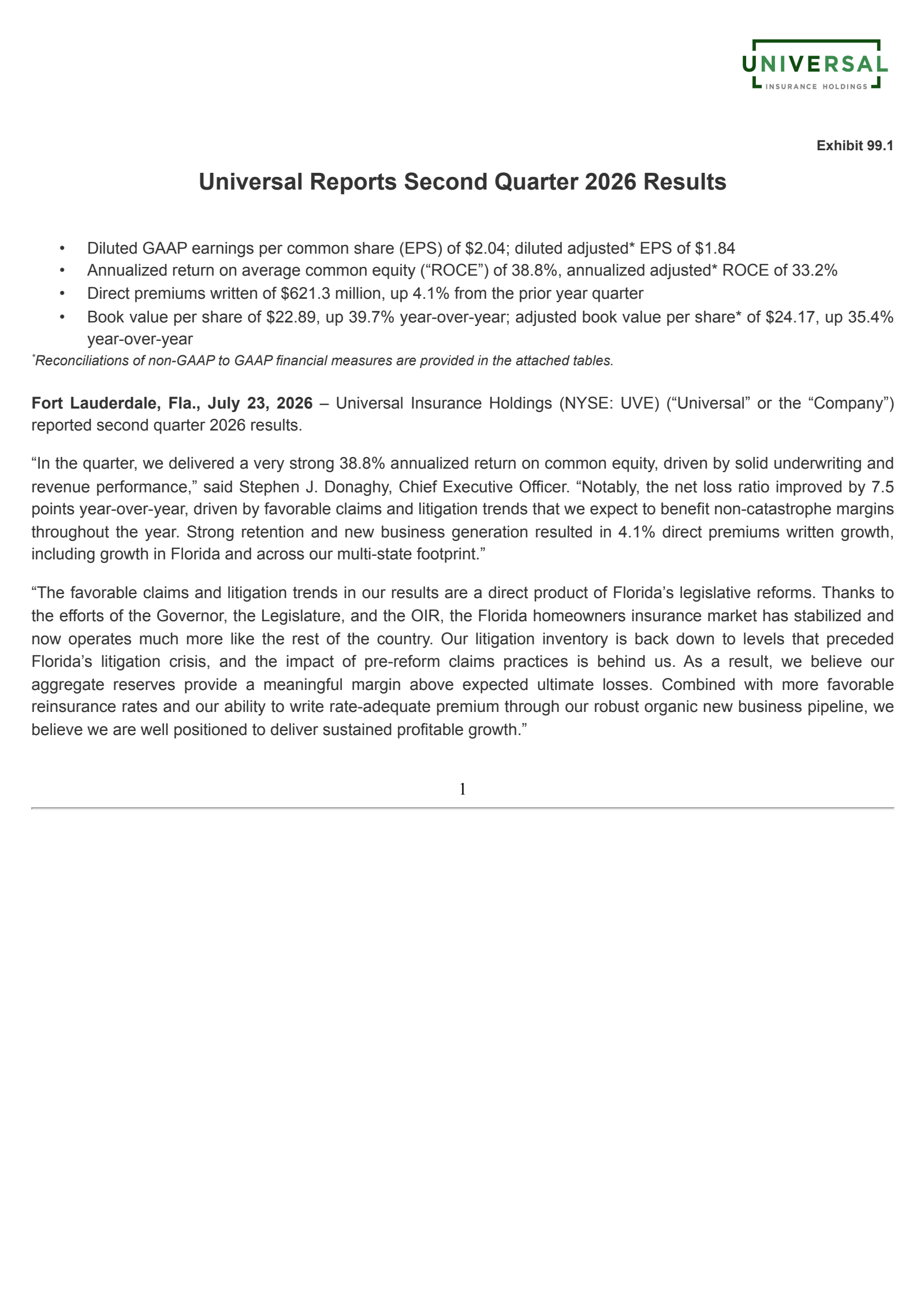Universal Insurance's Q2 2026 Press Release