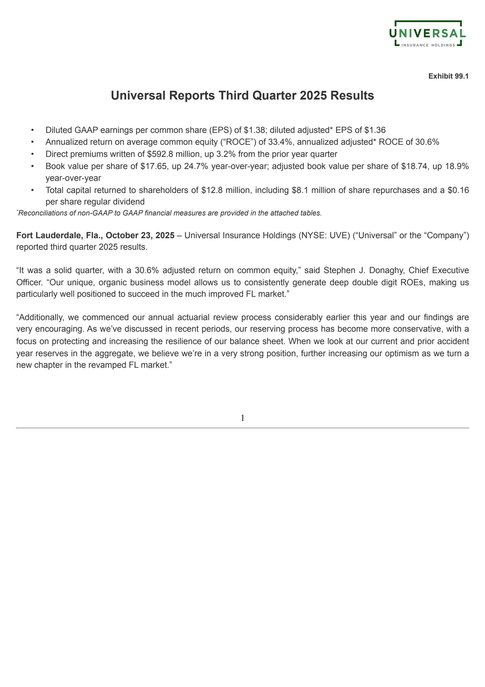 Universal Insurance's Q3 2025 Earnings Release