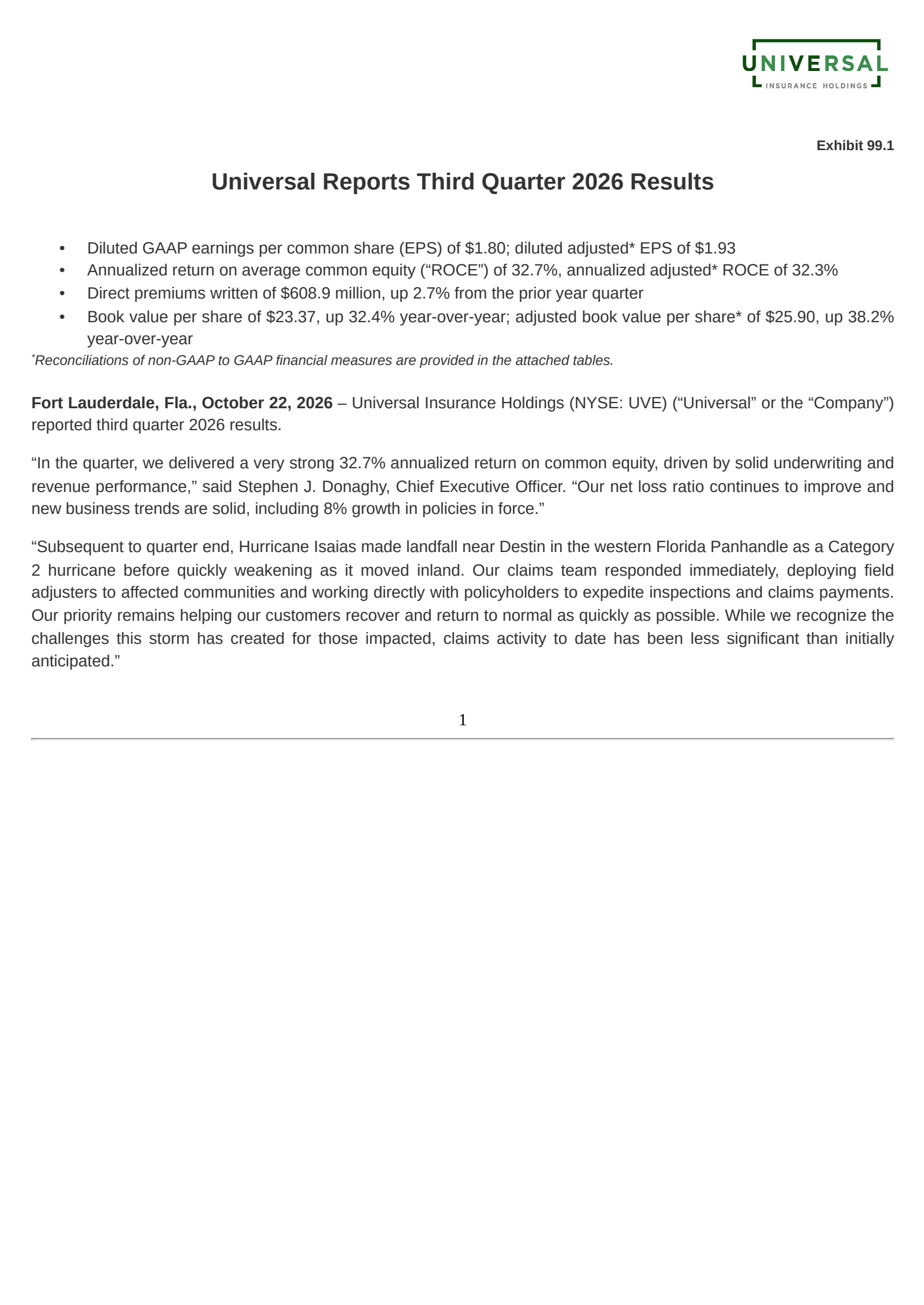 Universal Insurance's Q3 2026 Press Release