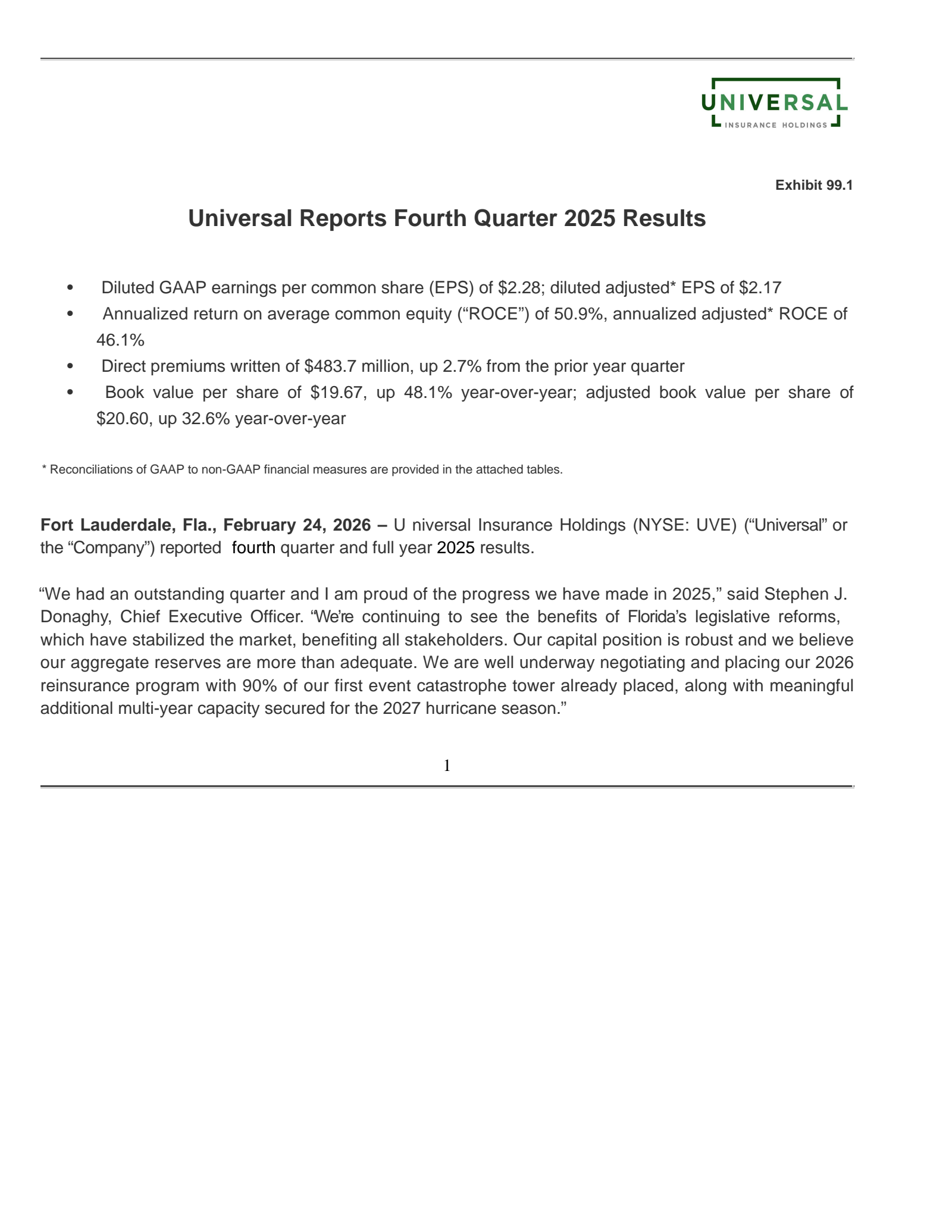 Universal Insurance's Q4 2025 Press Release