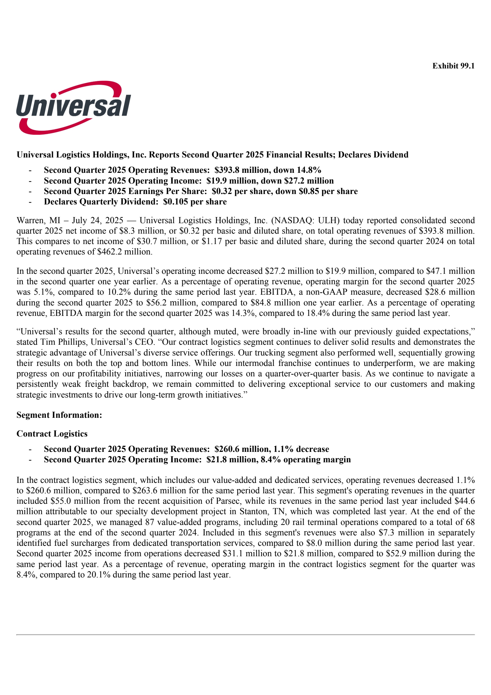 Universal Logistics' Q2 2025 Press Release